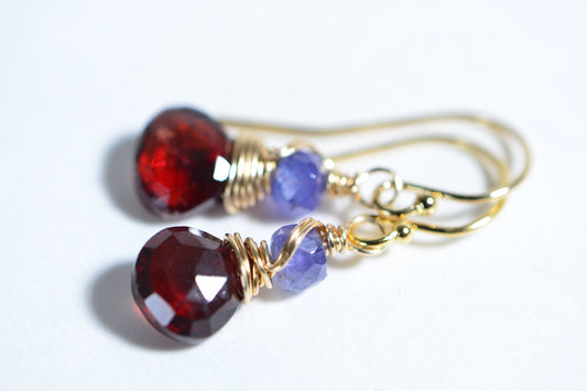 Real Garnet Tanzanite Wire Wrapped 14K Gold Filled Small Earrings Birthstone January
