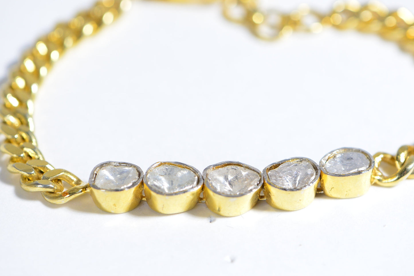 Natural Diamond Polki Curb Chain Bracelet, 14K Yellow Gold Over Sterling Silver