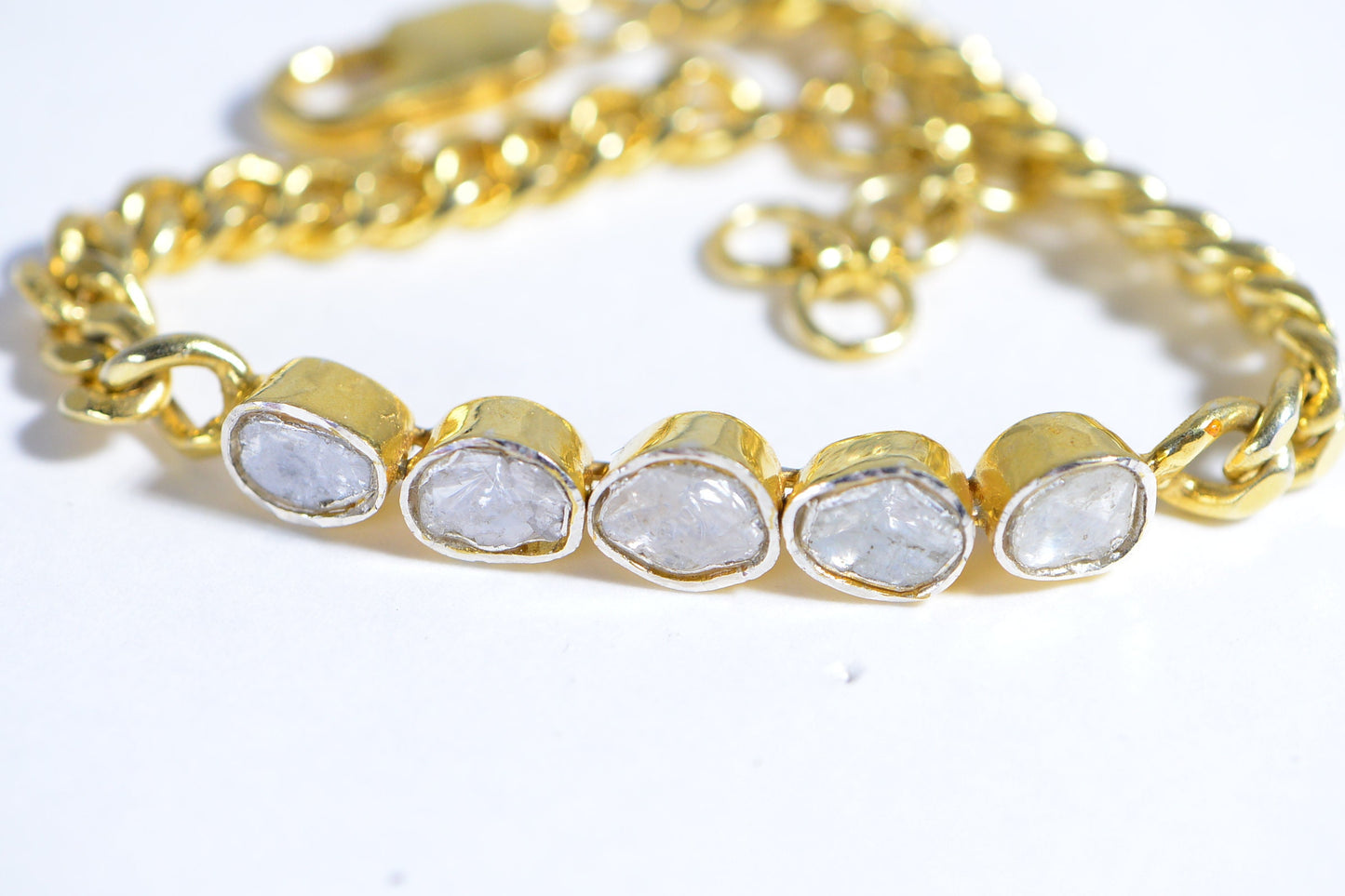 Natural Diamond Polki Curb Chain Bracelet, 14K Yellow Gold Over Sterling Silver