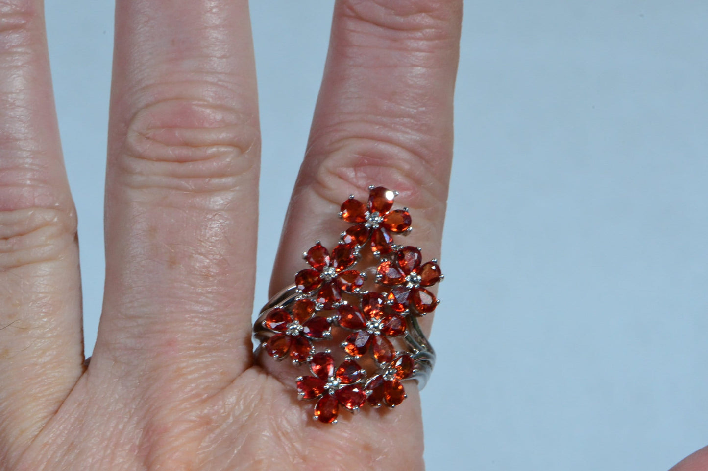 Padparadscha Sapphire Flower Ring, Sterling Silver Multi Stone Cluster