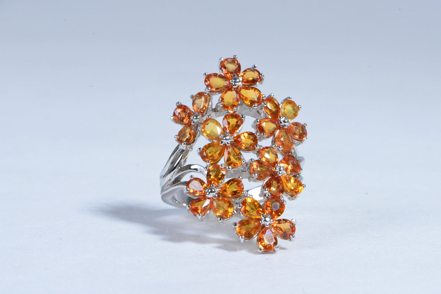 Padparadscha Sapphire Flower Ring, Sterling Silver Multi Stone Cluster
