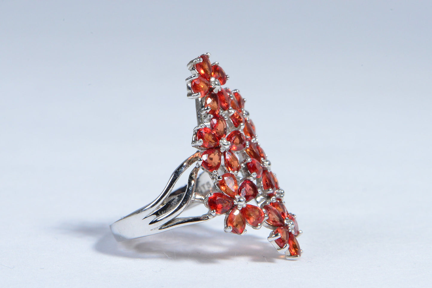 Padparadscha Sapphire Flower Ring, Sterling Silver Multi Stone Cluster