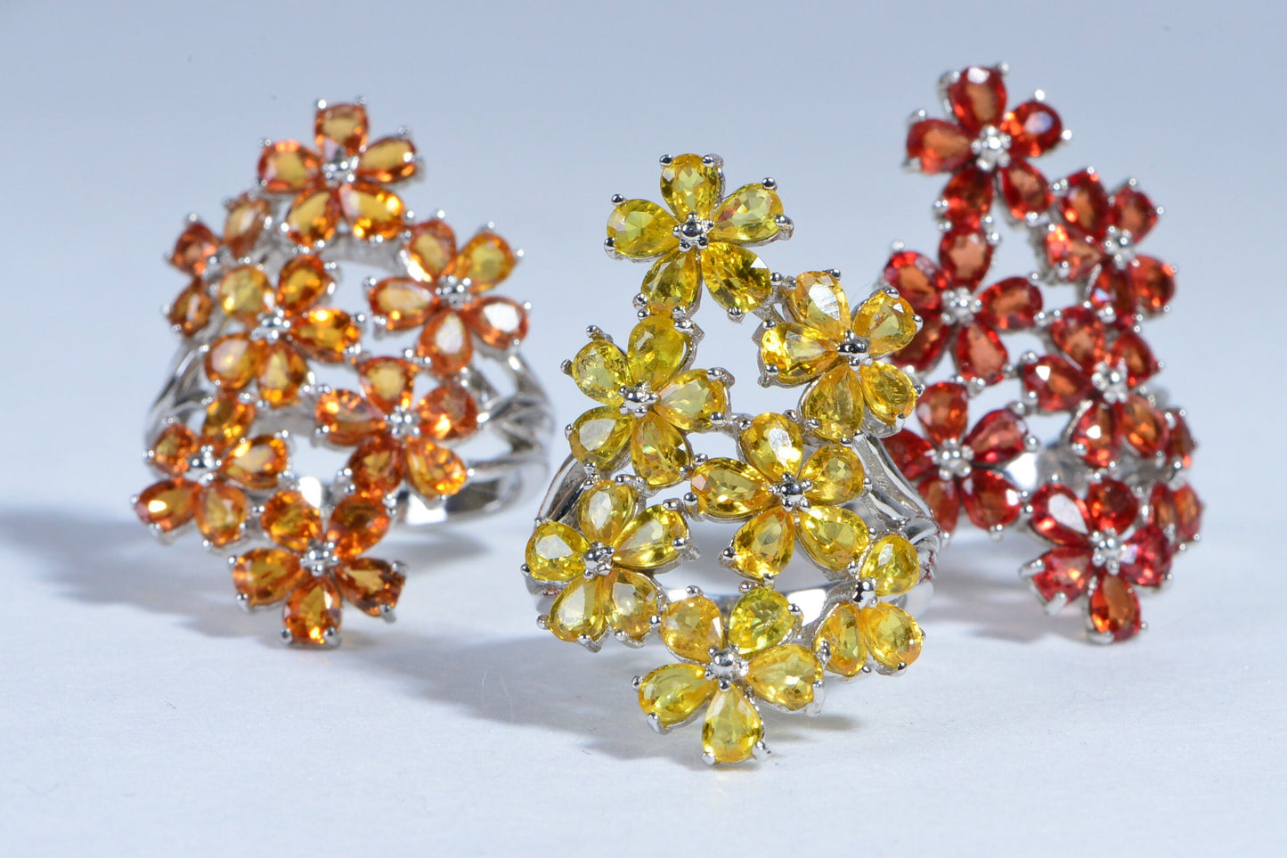 Natural Orange  Sapphire Flower Design Ring Multi Stone Cluster  Sterling Silver  Vintage Ring