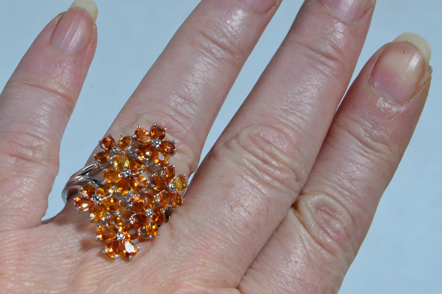 Padparadscha Sapphire Flower Ring, Sterling Silver Multi Stone Cluster