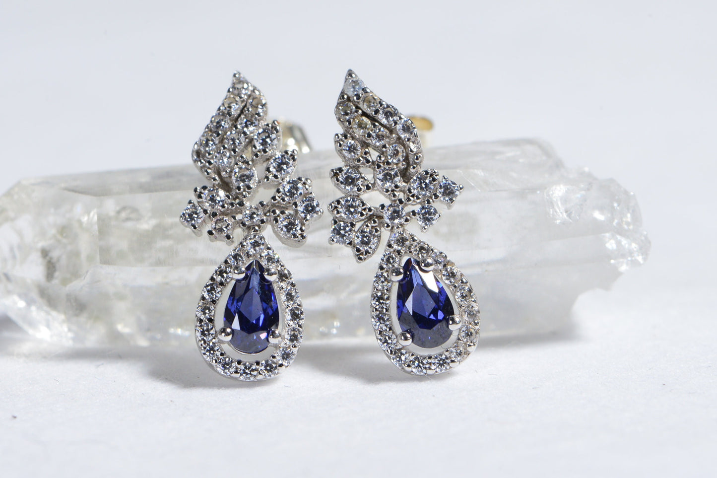 Halo Sapphire Earrings, Diamond & 14K White Gold over Sterling Silver Studs