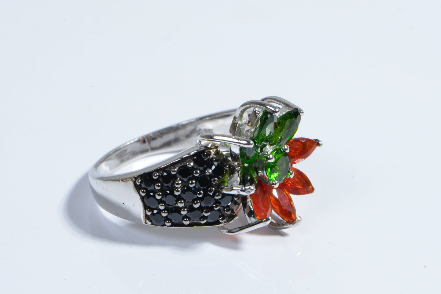 Mexican Fire Opal Flower Ring, Chrome Diopside, Black Spinel, Sterling Silver