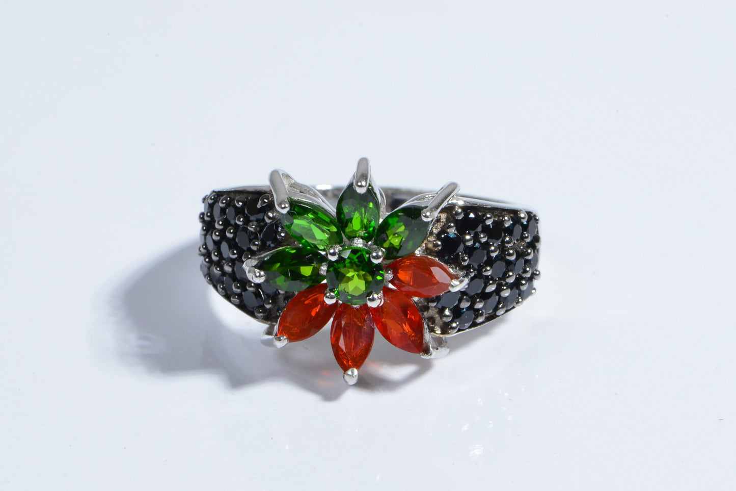 Mexican Fire Opal Flower Ring, Chrome Diopside, Black Spinel, Sterling Silver