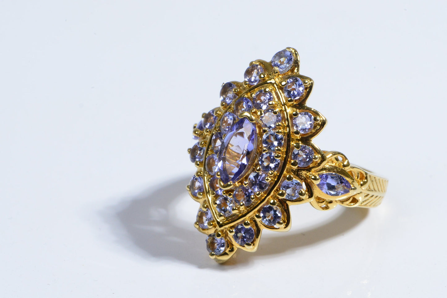 Marquise Tanzanite Ring, 14k Yellow Gold Vermeil, Multi Stone Engagement