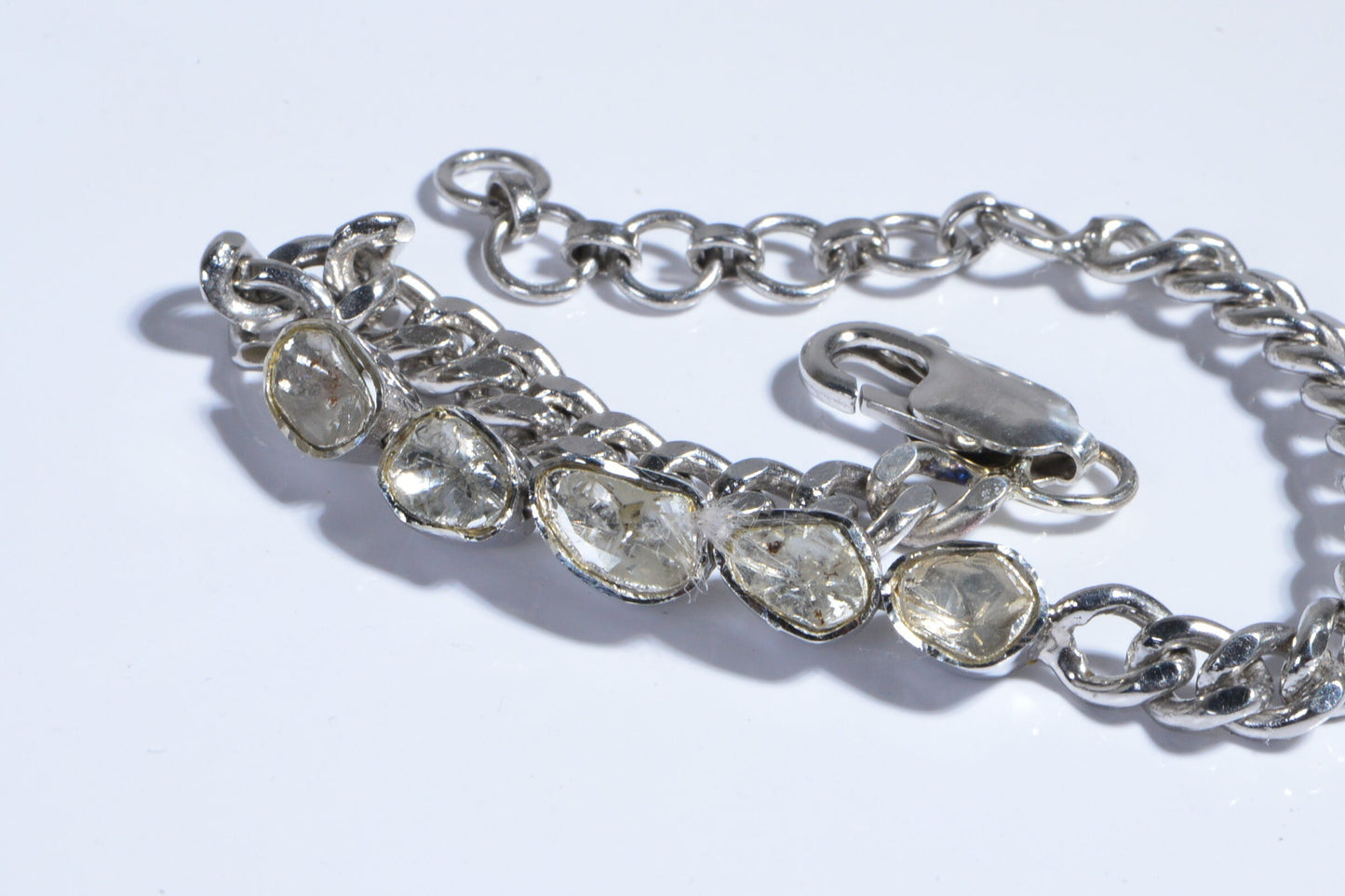 Diamond Polki Bracelet, Sterling Silver Curb Chain