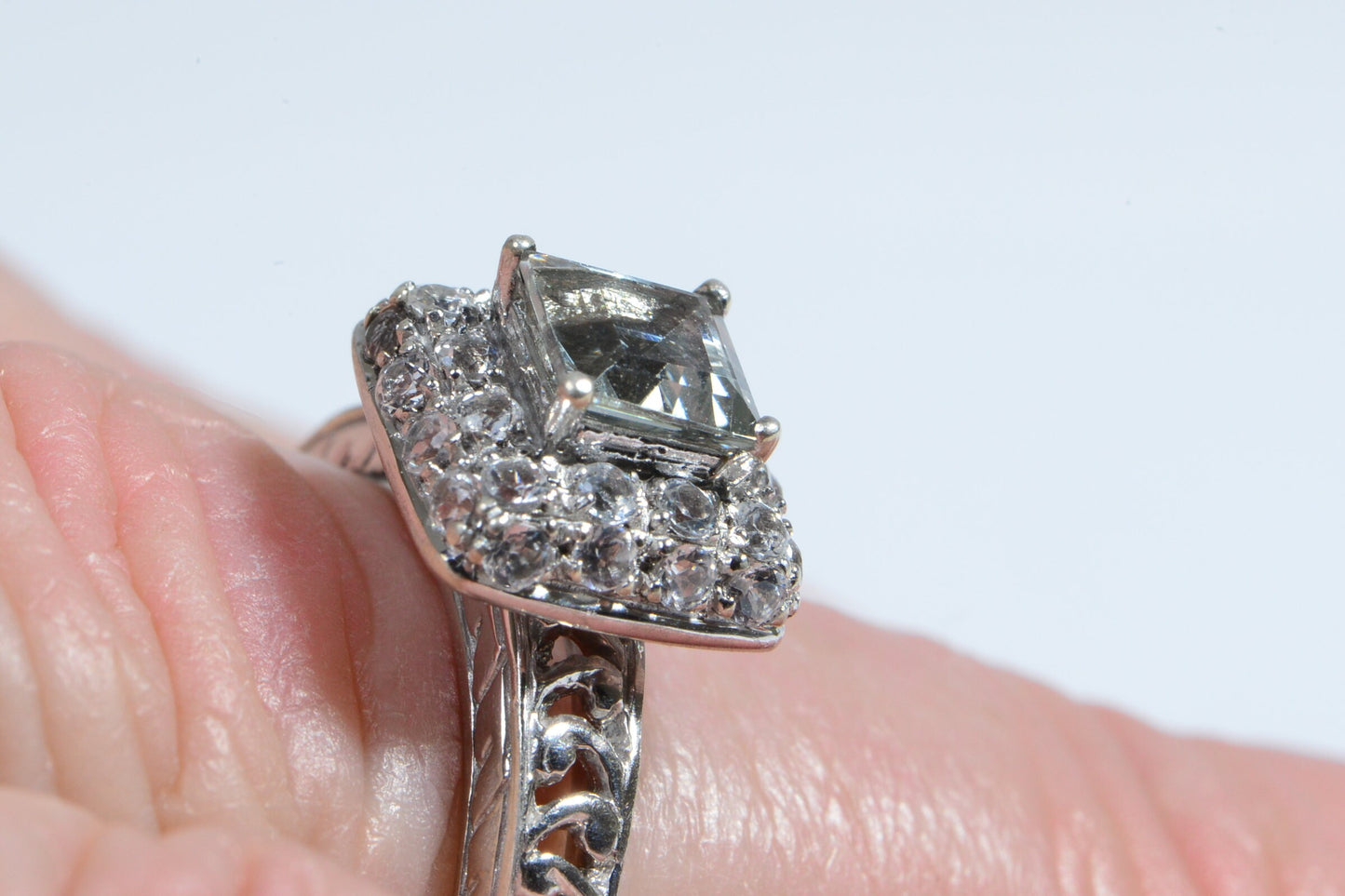 Green Amethyst Princess Cut Sterling Silver Ring with CZ Halo