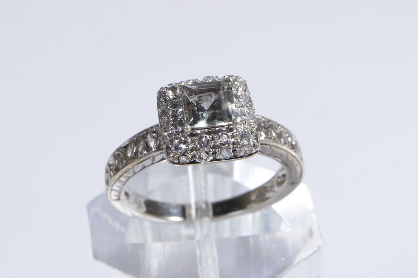 Green Amethyst Princess Cut Sterling Silver Ring with CZ Halo