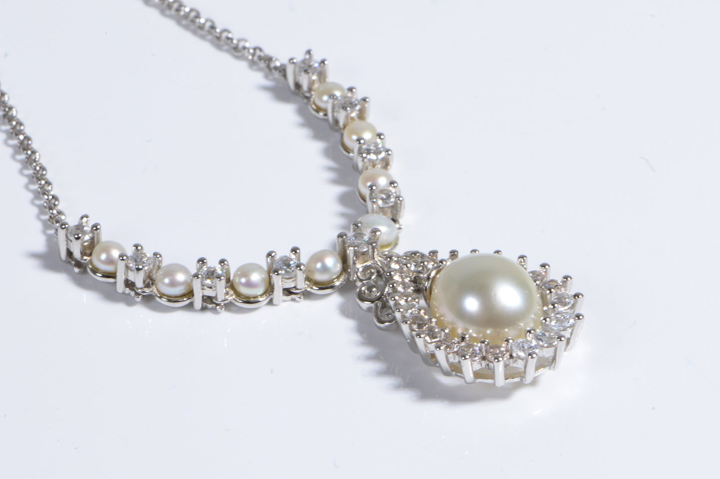Tahitian White Pearl Natural Zircon Necklace Rhodium Over Sterling silver
