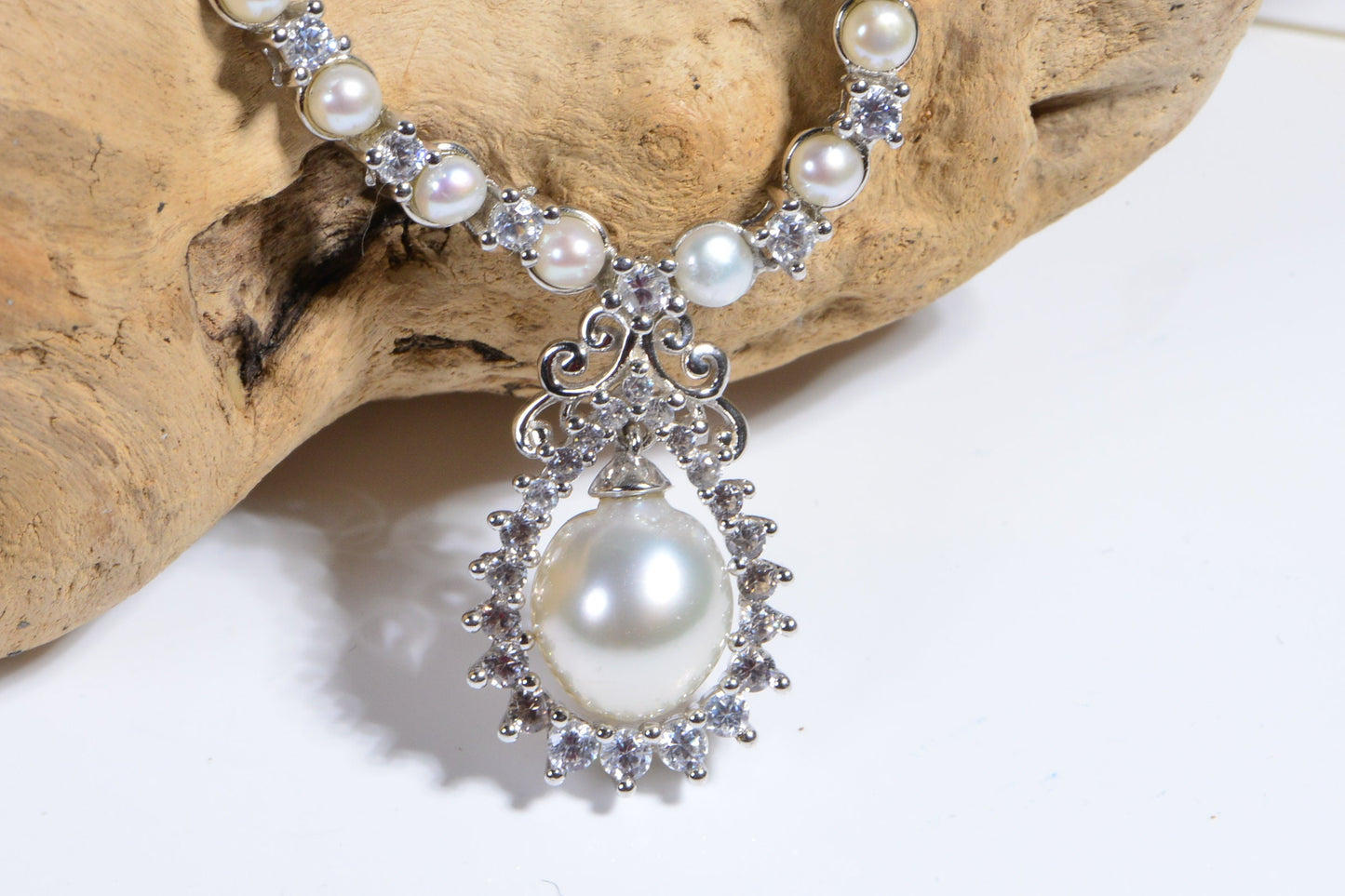 Tahitian White Pearl Natural Zircon Necklace Rhodium Over Sterling silver