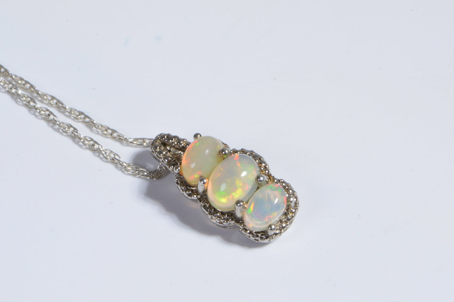 Three Stone Ethiopian Opal Pendant, Sterling Silver October Birthstone