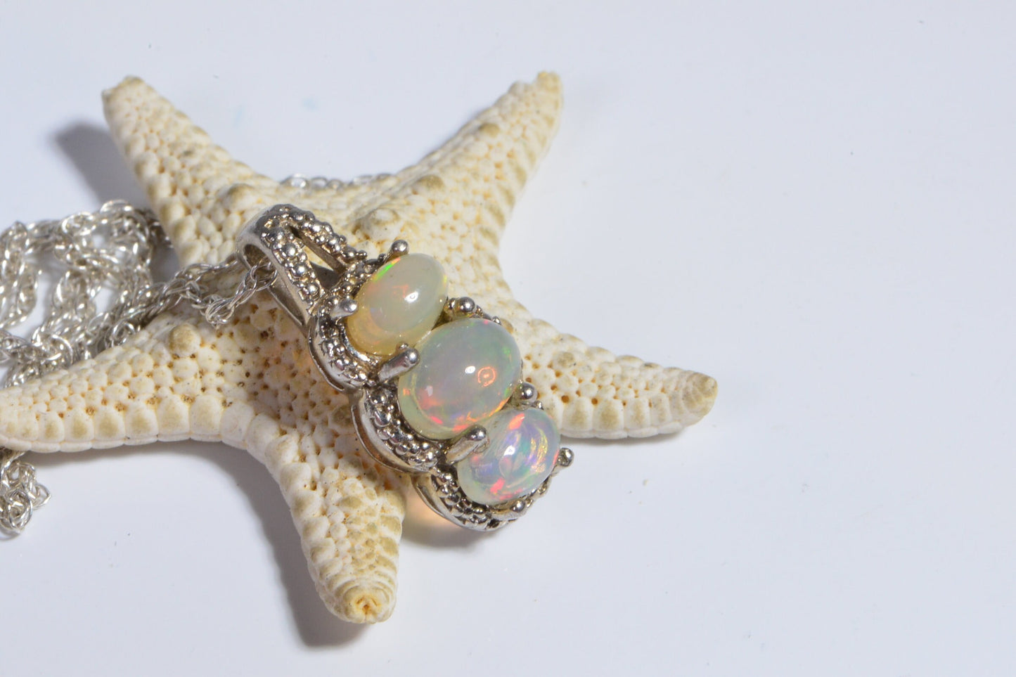 Three Stone Ethiopian Opal Pendant, Sterling Silver October Birthstone