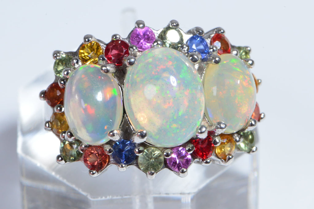 Multi Color Sapphire Ethiopian Opal Sterling Silver Promise Ring Trinity Rings