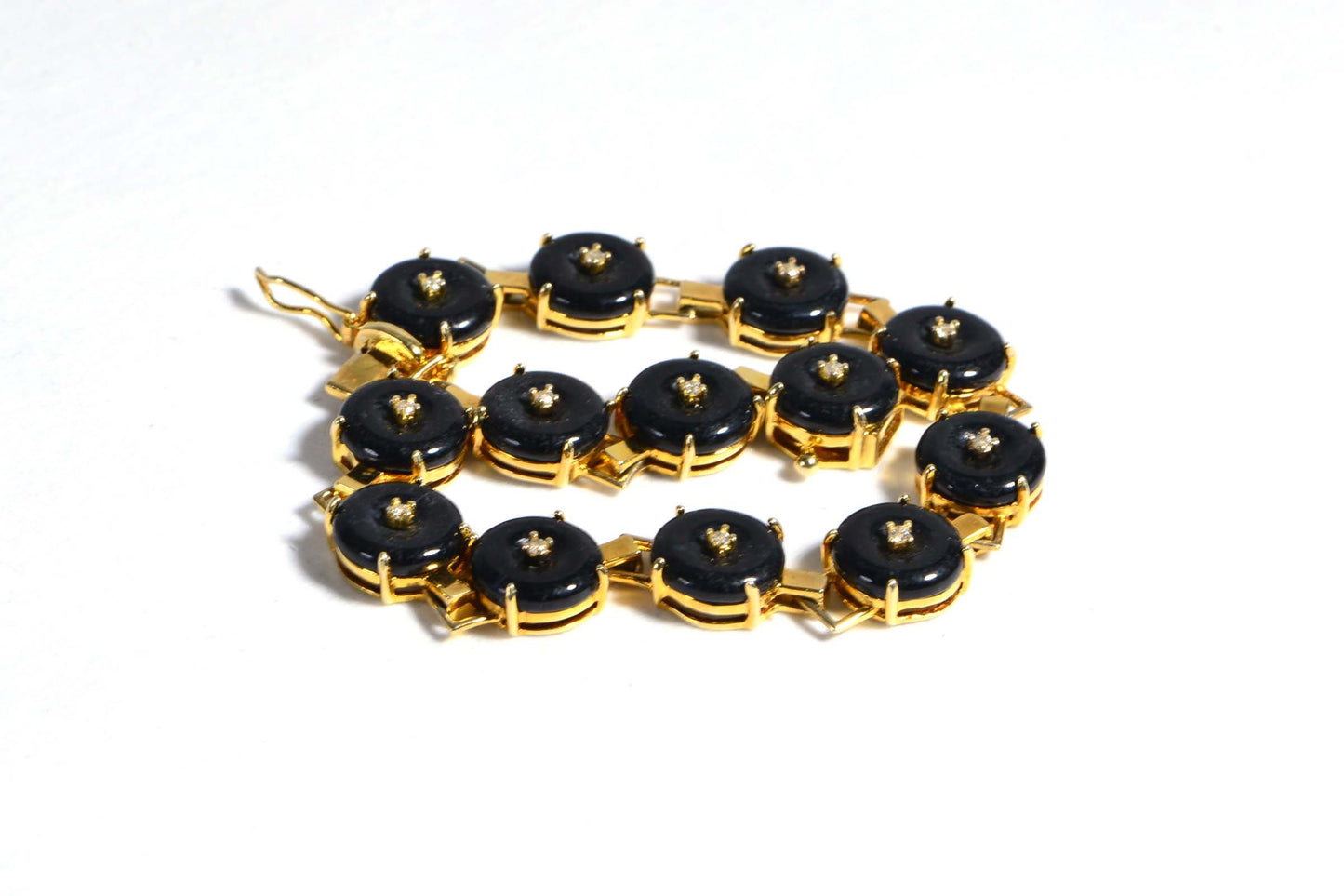 Natural Black Jade 14K Yellow Gold Over Sterling Silver Tennis Bracelet Vintage Jewelry