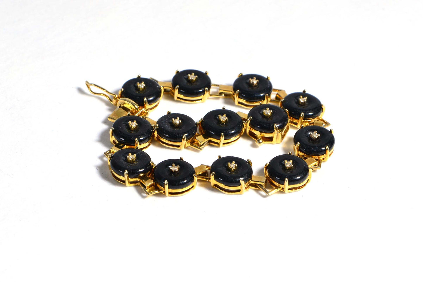 Natural Black Jade 14K Yellow Gold Over Sterling Silver Tennis Bracelet Vintage Jewelry