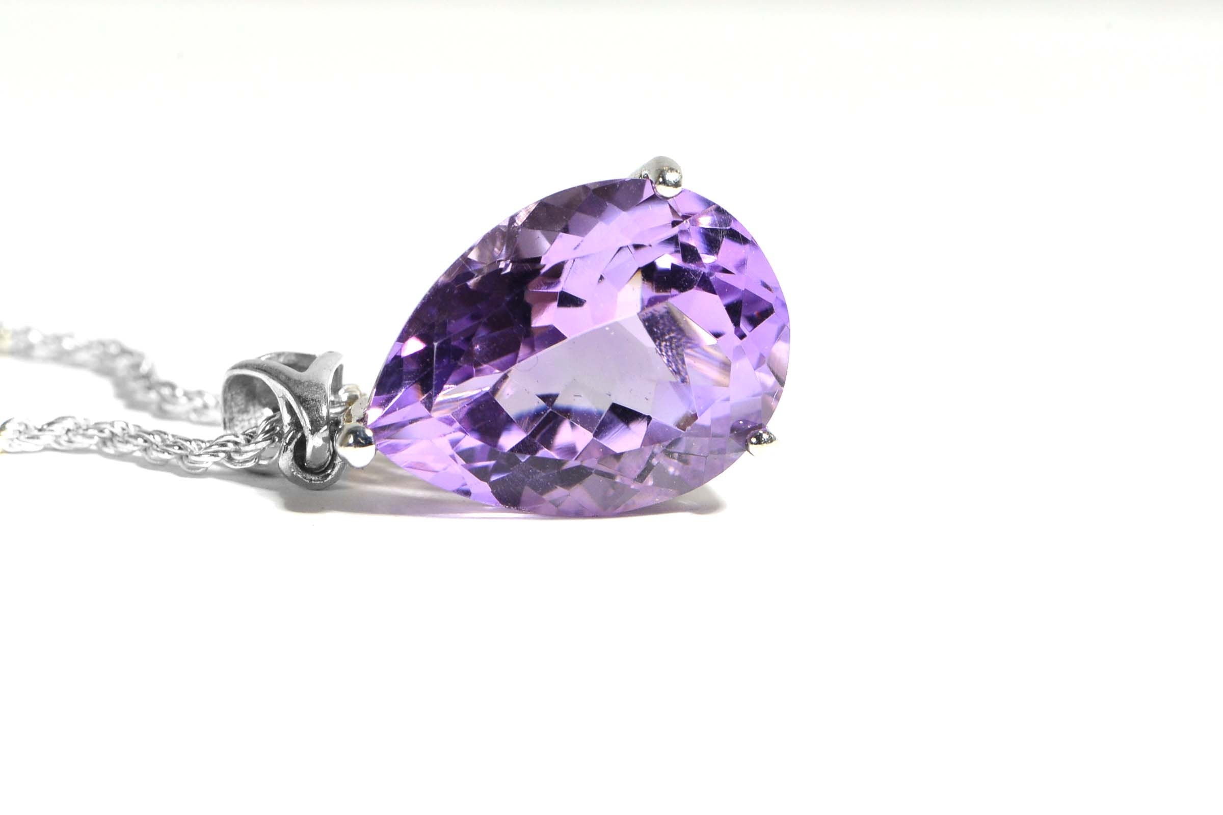 Natural Rose De France Amethyst Large Necklace Pendant Rhodium Over Sterling Silver Birthstone February