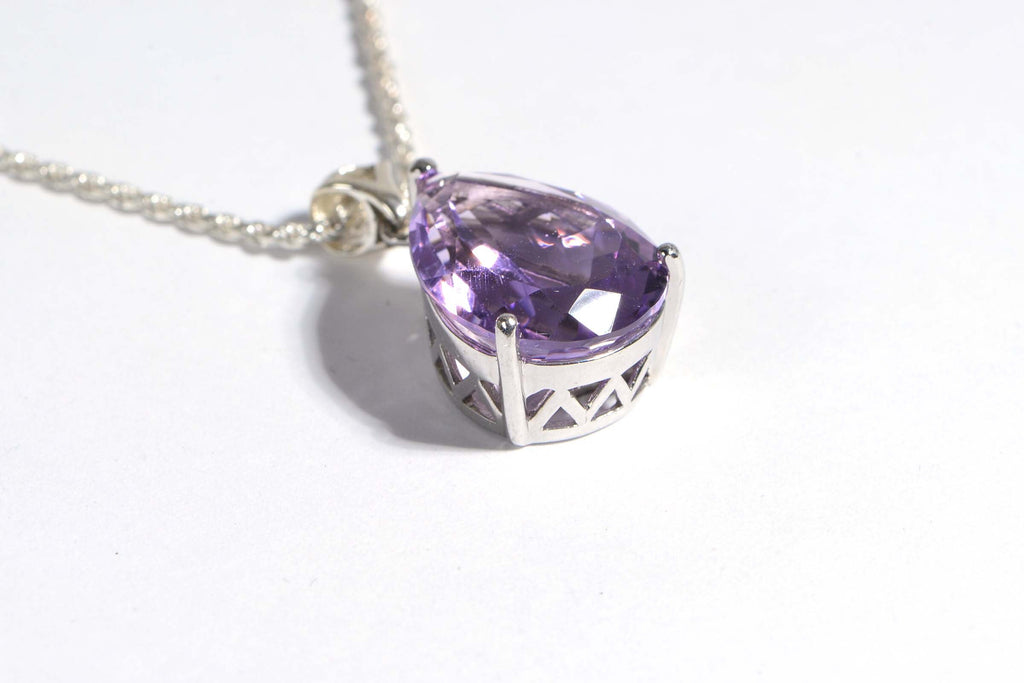 Natural Rose De France Amethyst Large Necklace Pendant Rhodium Over Sterling Silver Birthstone February