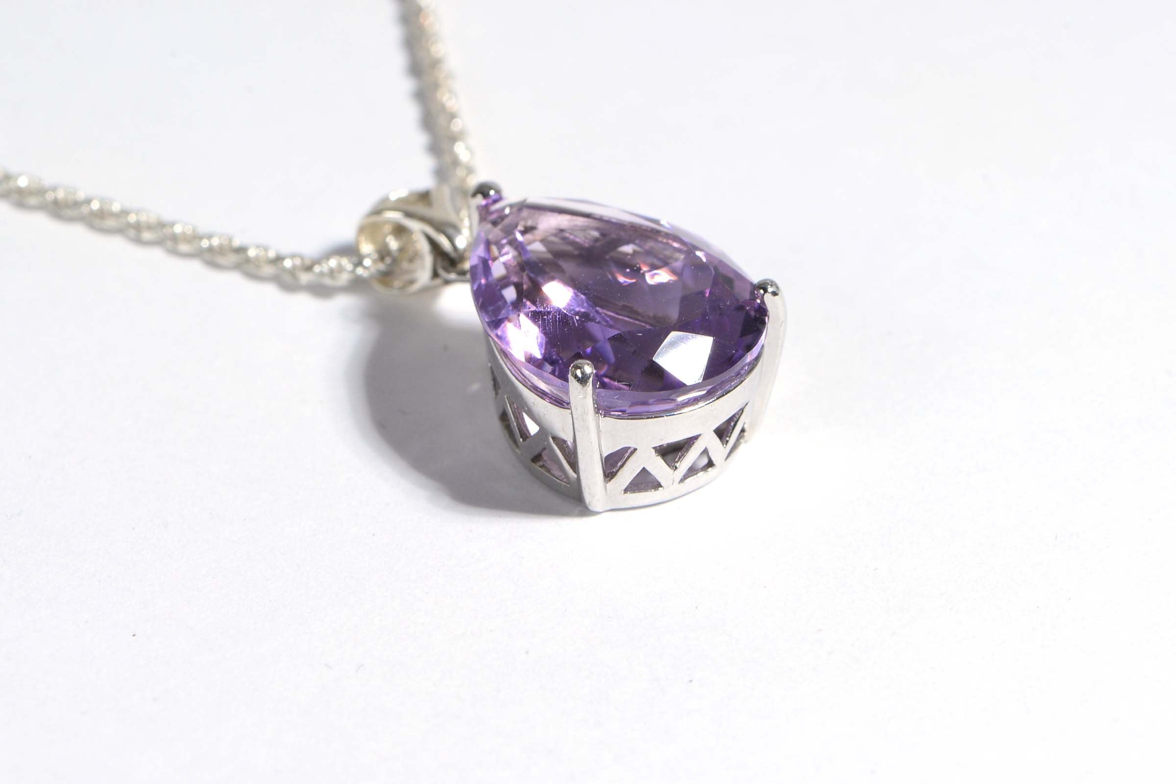 Natural Rose De France Amethyst Large Necklace Pendant Rhodium Over Sterling Silver Birthstone February
