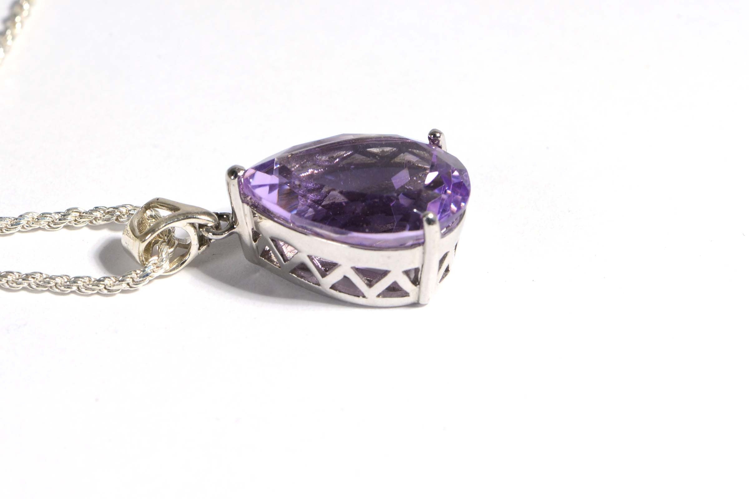 Natural Rose De France Amethyst Large Necklace Pendant Rhodium Over Sterling Silver Birthstone February