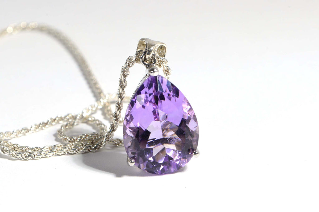 Natural Rose De France Amethyst Large Necklace Pendant Rhodium Over Sterling Silver Birthstone February