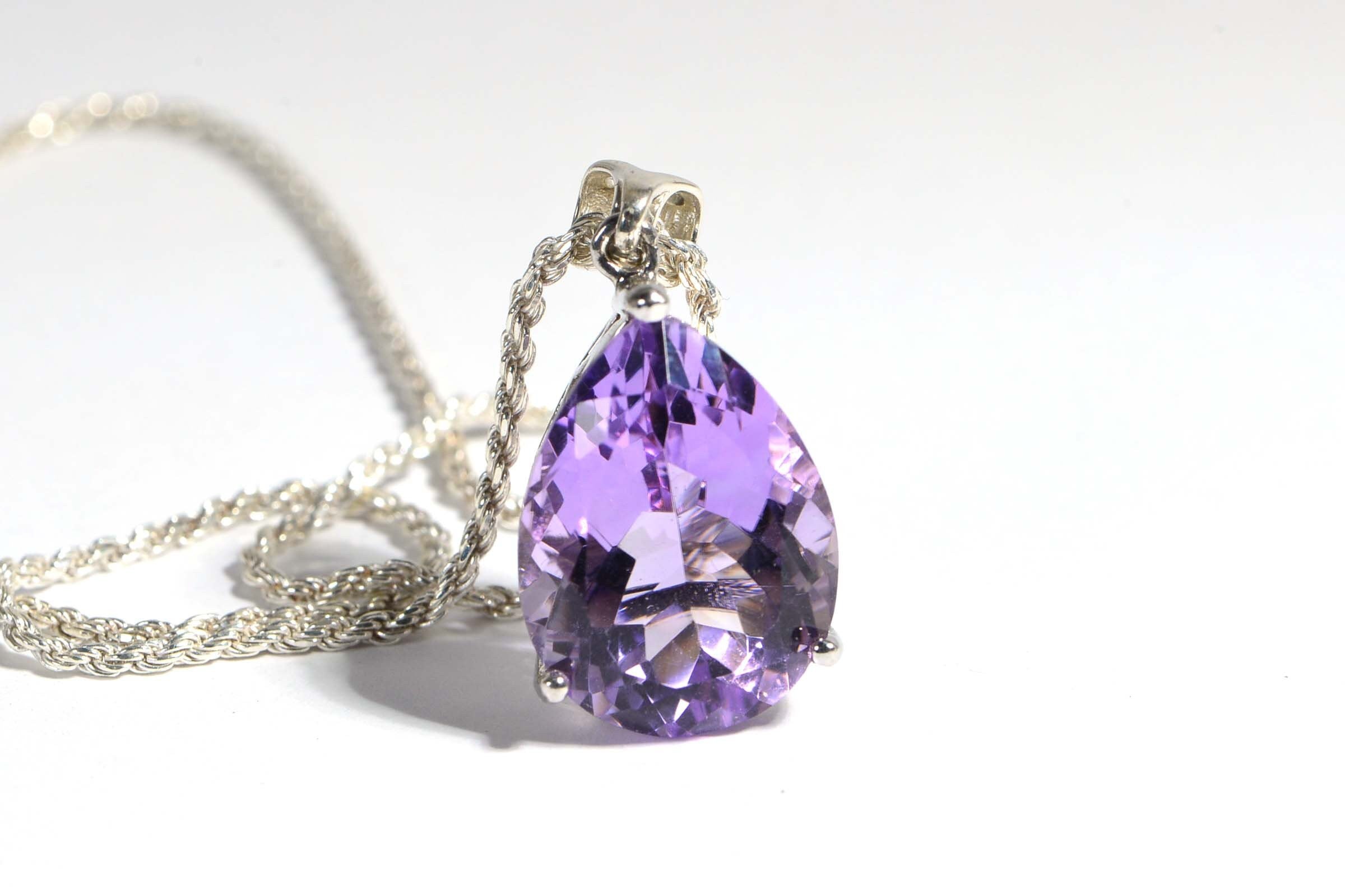 Natural Rose De France Amethyst Large Necklace Pendant Rhodium Over Sterling Silver Birthstone February