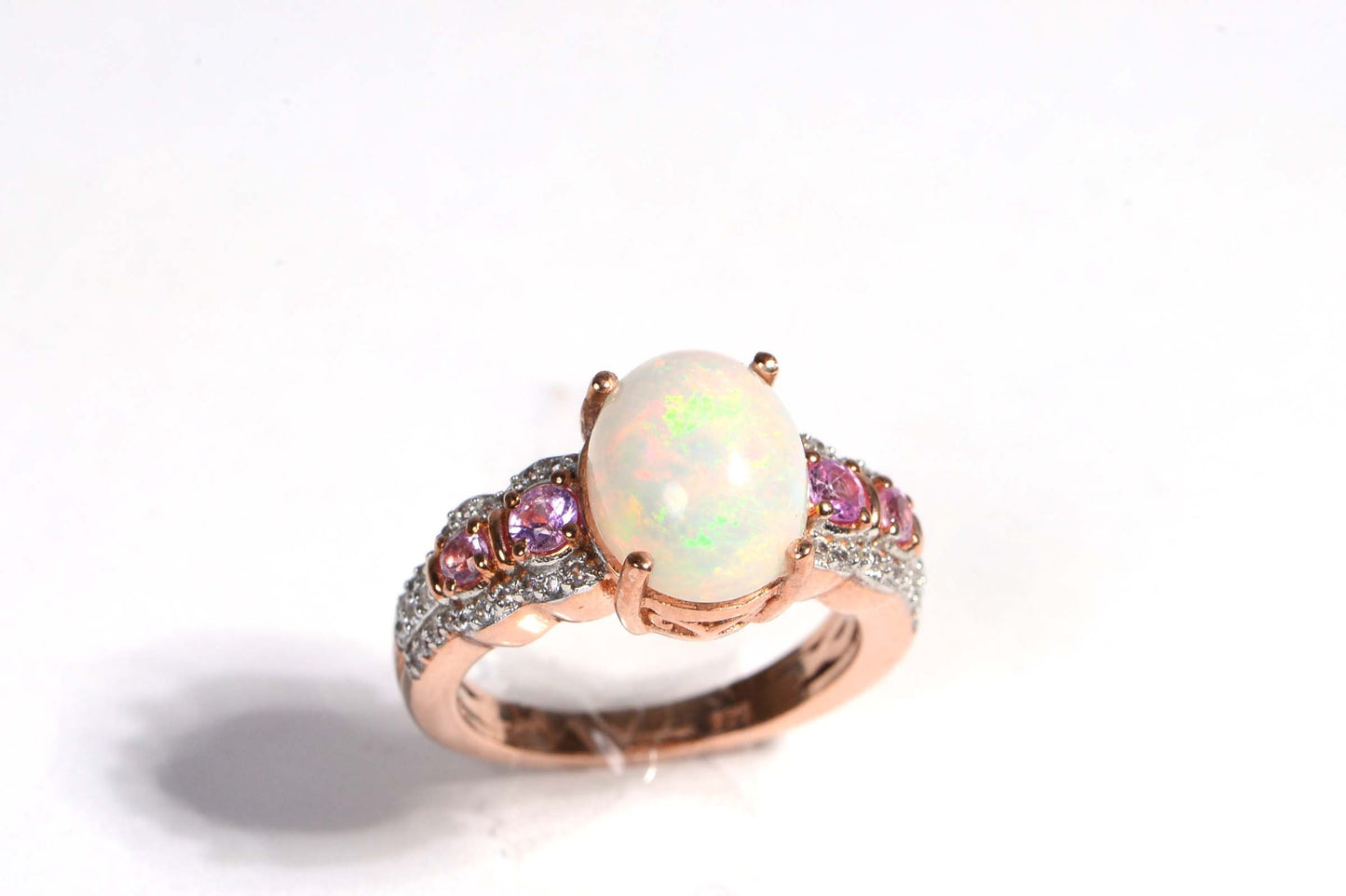 Australian White Opal Pink Sapphire Diamond Accent Rose Gold Vermeil Engagement Ring Birthstone October