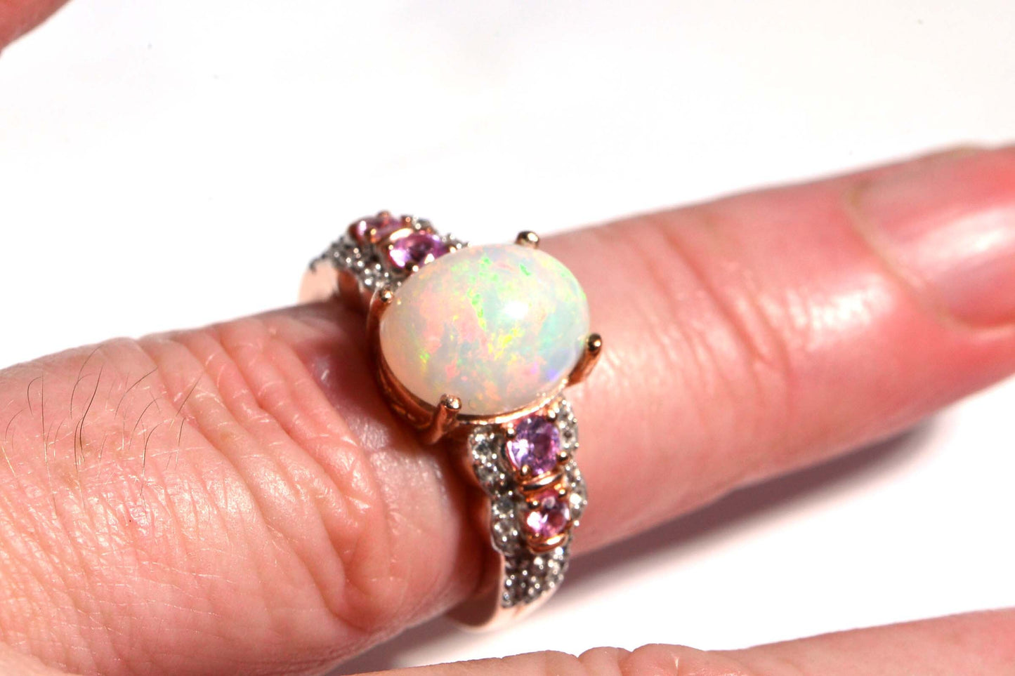Australian White Opal Pink Sapphire Diamond Accent Rose Gold Vermeil Engagement Ring Birthstone October
