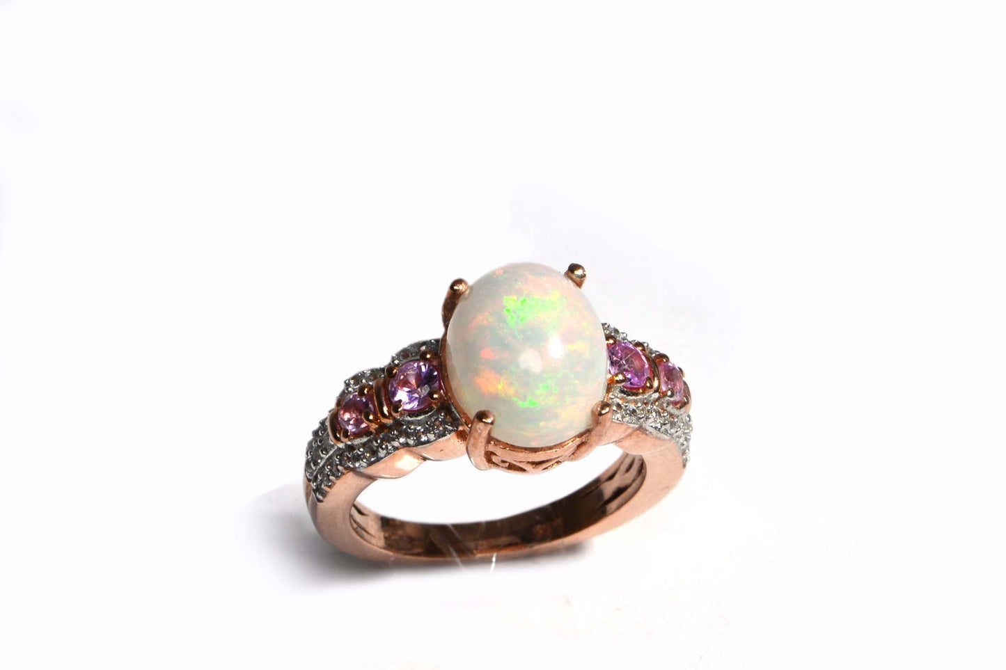 Australian White Opal Pink Sapphire Diamond Accent Rose Gold Vermeil Engagement Ring Birthstone October