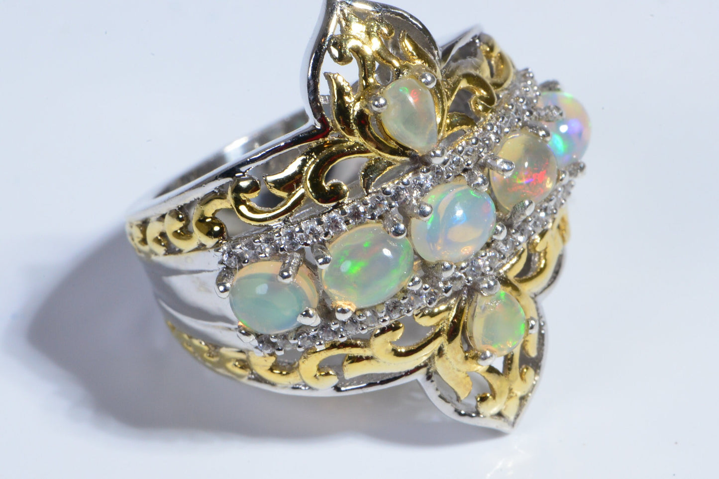 Ethiopian Opal Ring, Multi Stone, 14k Yellow Gold Over Sterling Silver, Size 7