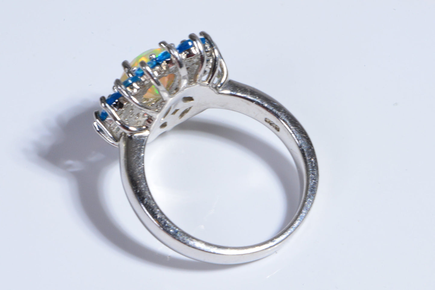 Ethiopian Opal Ring, Neon Apatite Halo, Sterling Silver, Size 7