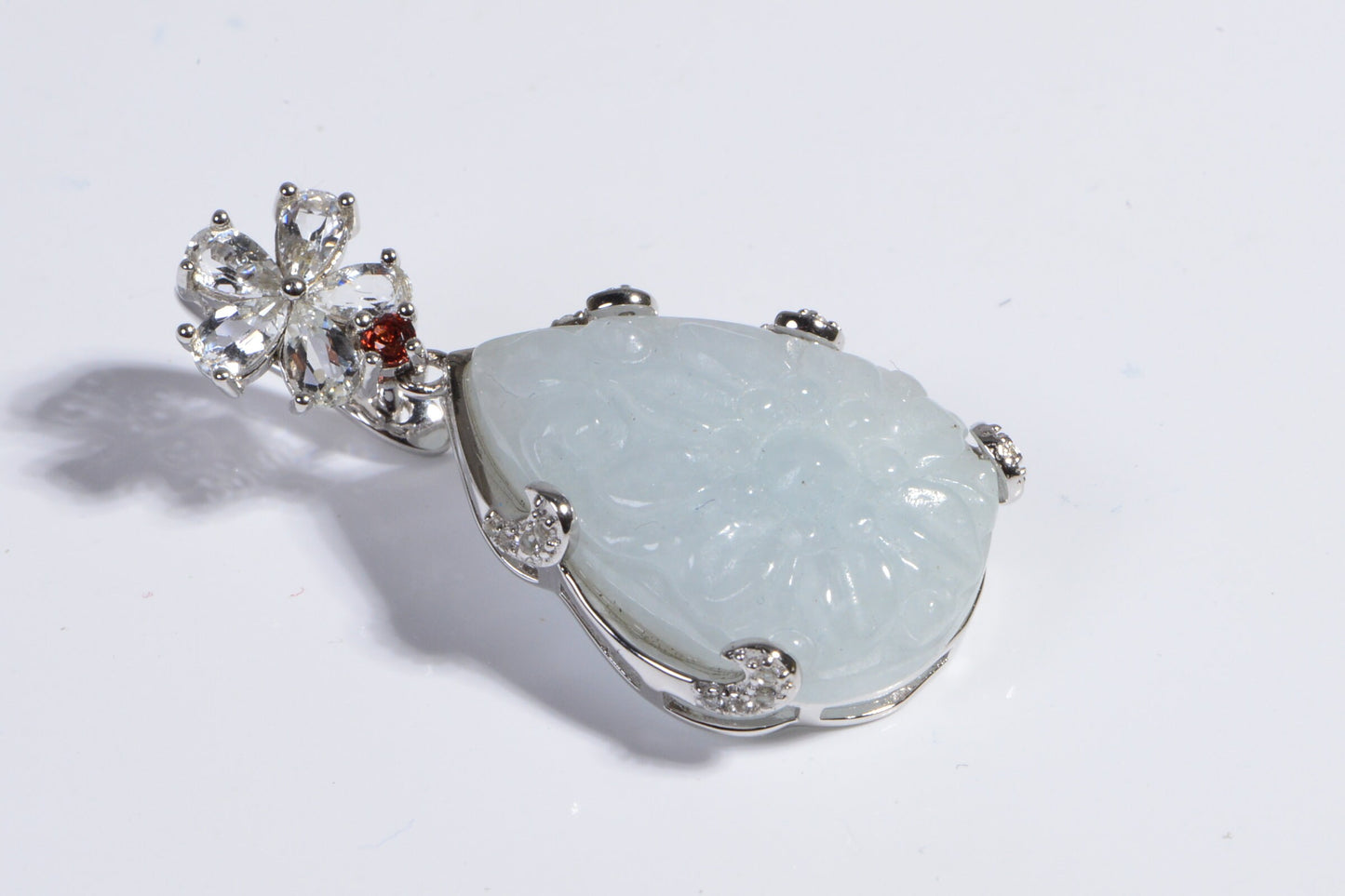 White Jade Carved Flower Pendant, Garnet & Diamond Accent