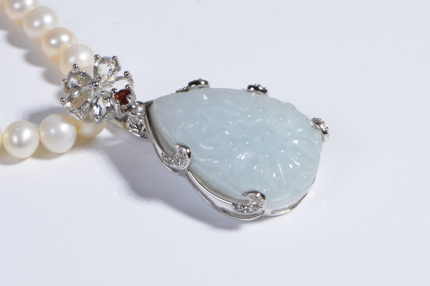 White Jade Carved Flower Pendant, Garnet & Diamond Accent