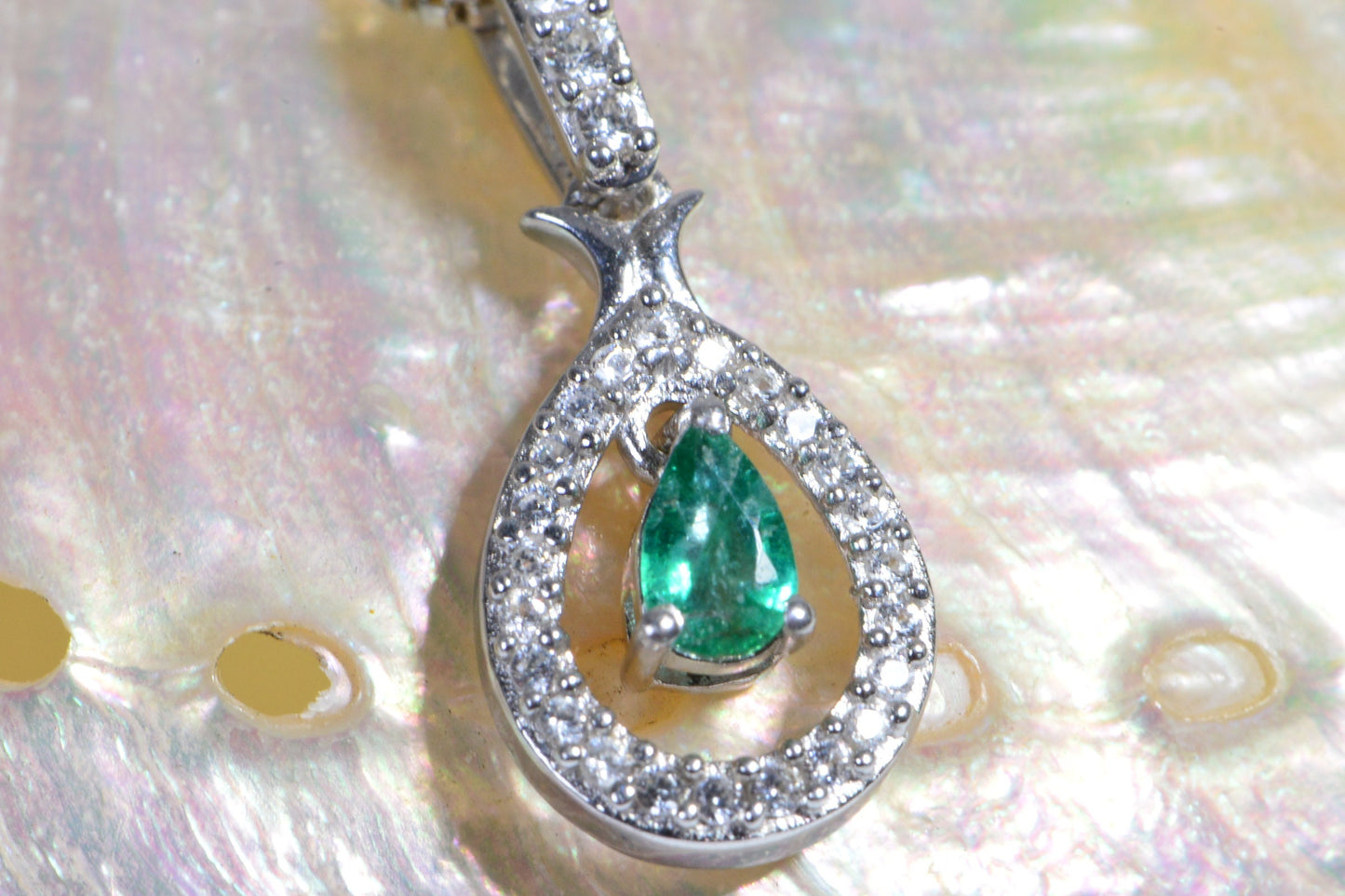 Colombian Emerald Sterling Silver Pendant, Diamond Zircon Halo