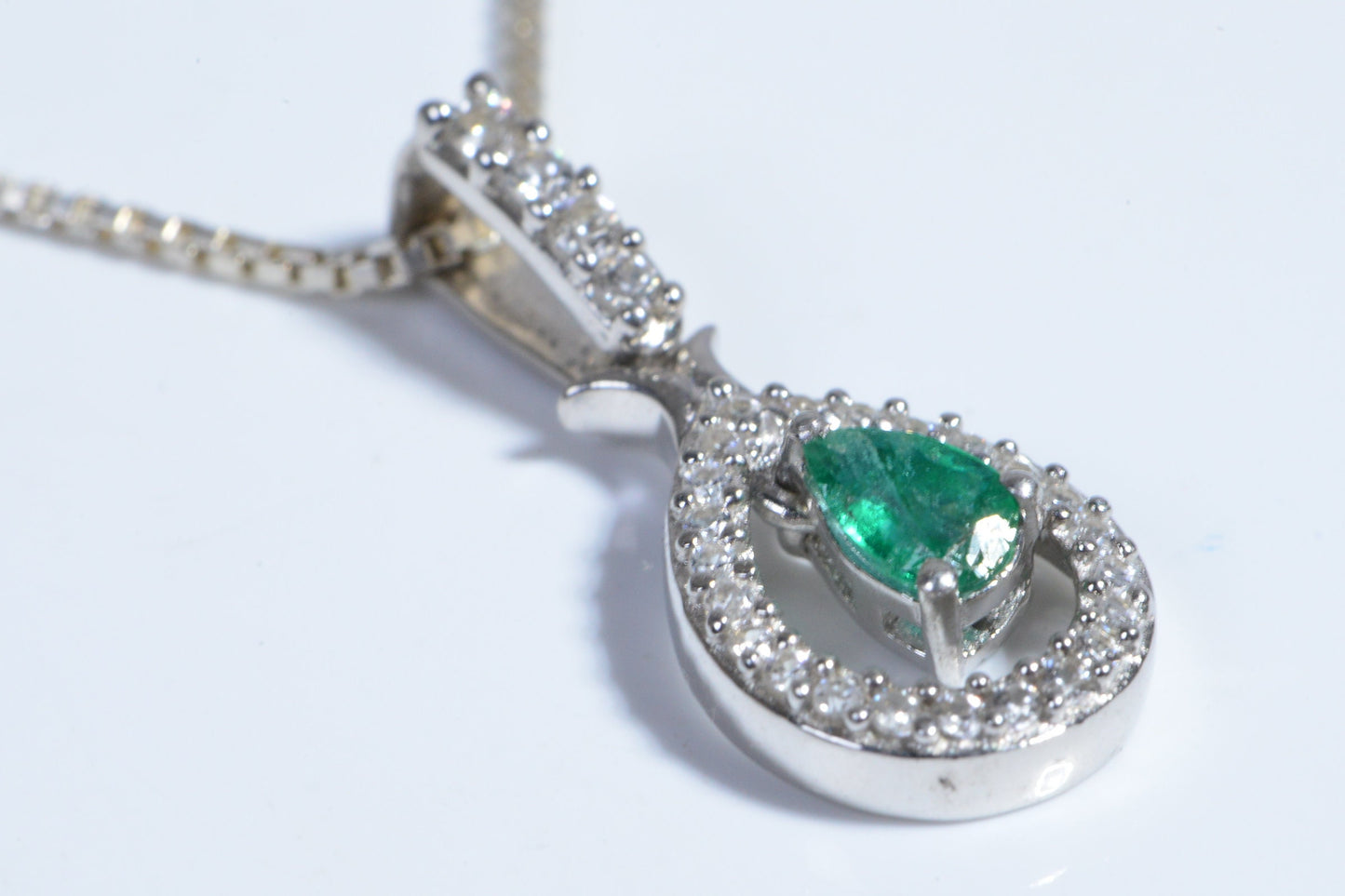 Colombian Emerald Sterling Silver Pendant, Diamond Zircon Halo