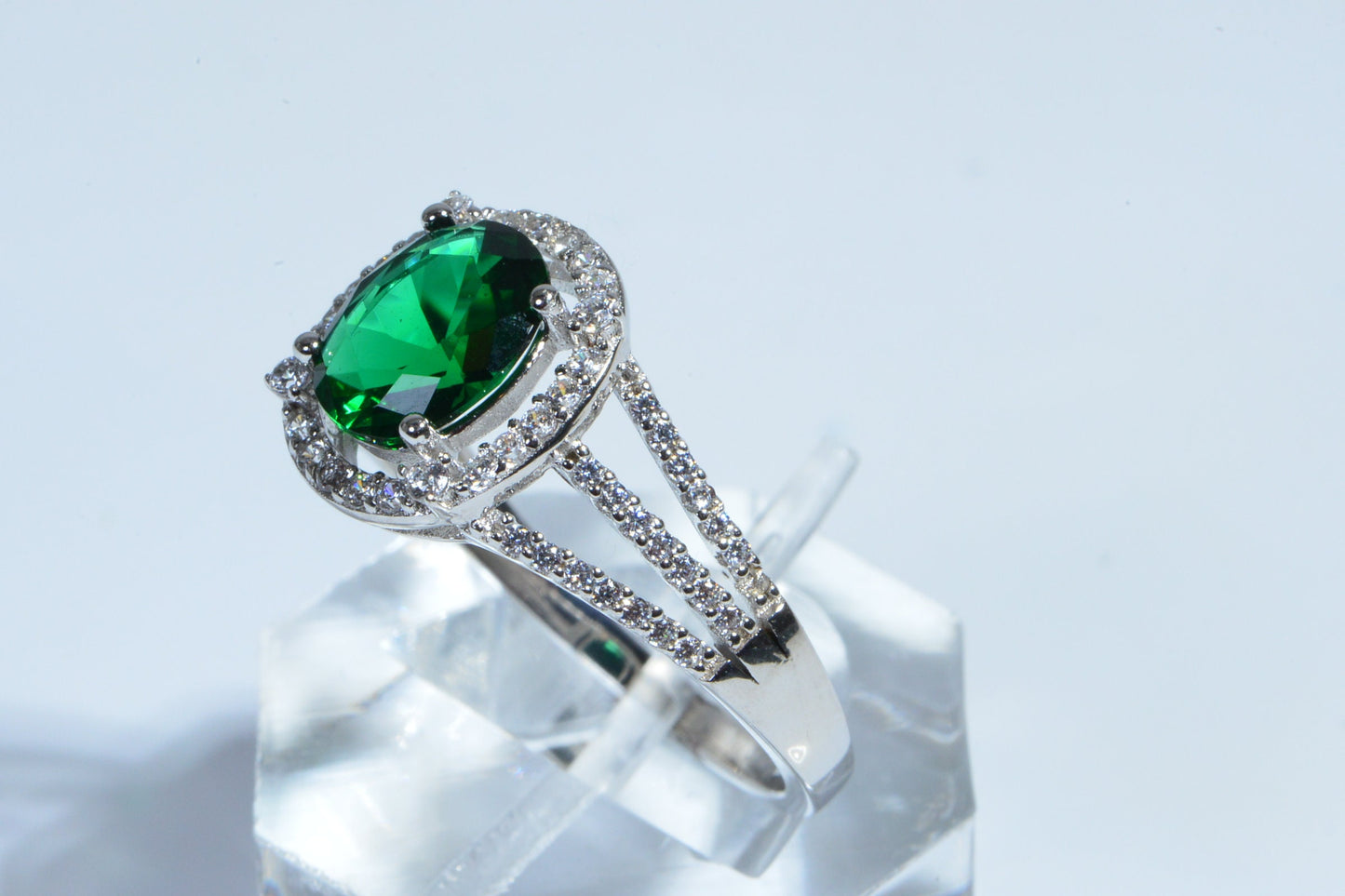 Emerald Halo Diamond Sterling Silver Oval Stone Ring Engagement Ring Birthstone For May