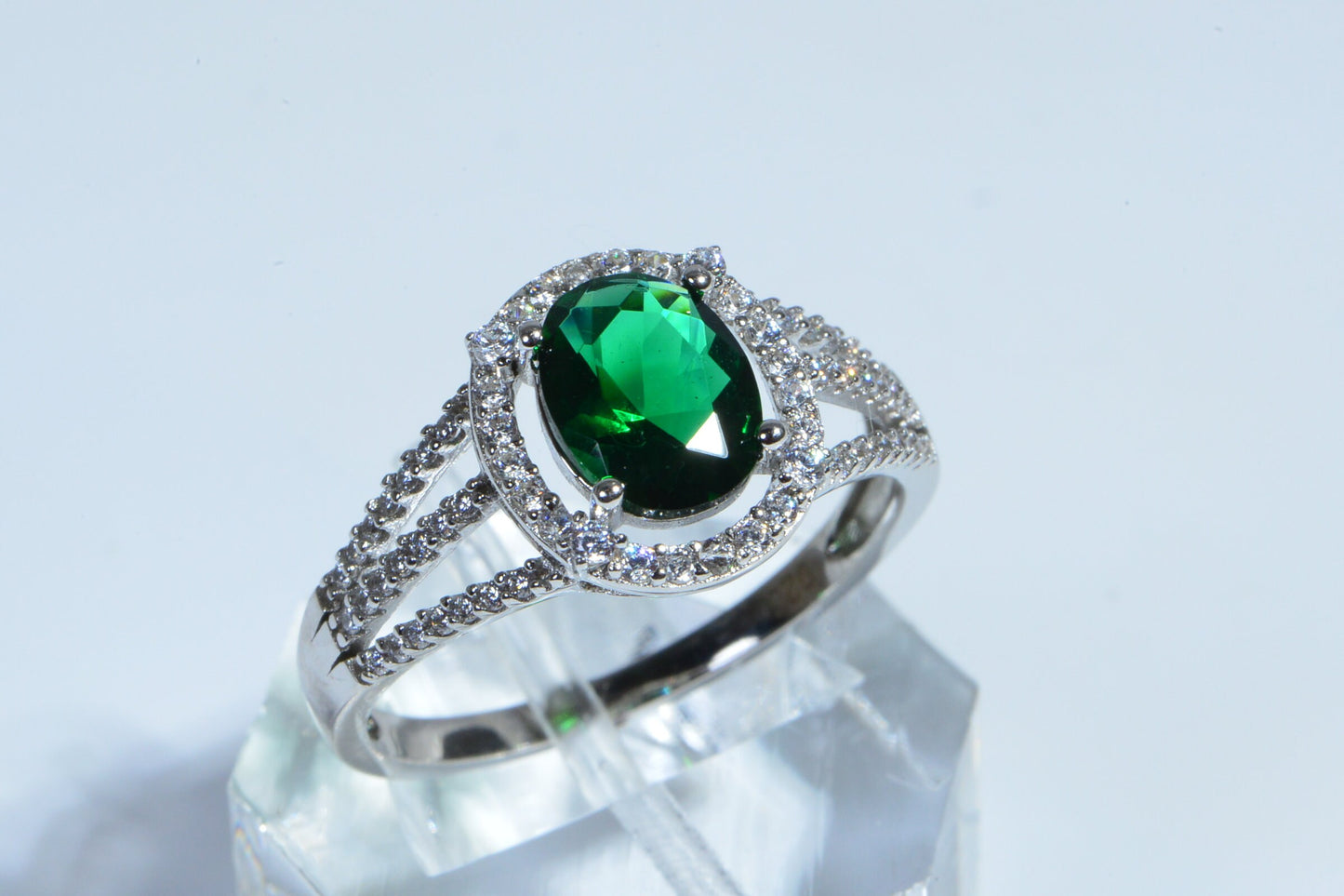 Emerald Halo Diamond Sterling Silver Oval Stone Ring Engagement Ring Birthstone For May