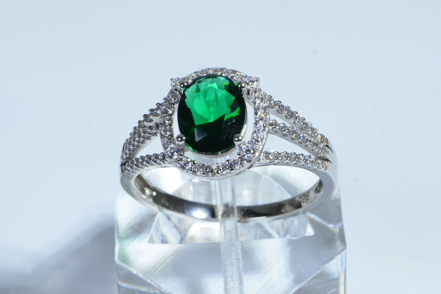 Emerald Halo Diamond Sterling Silver Oval Stone Ring Engagement Ring Birthstone For May