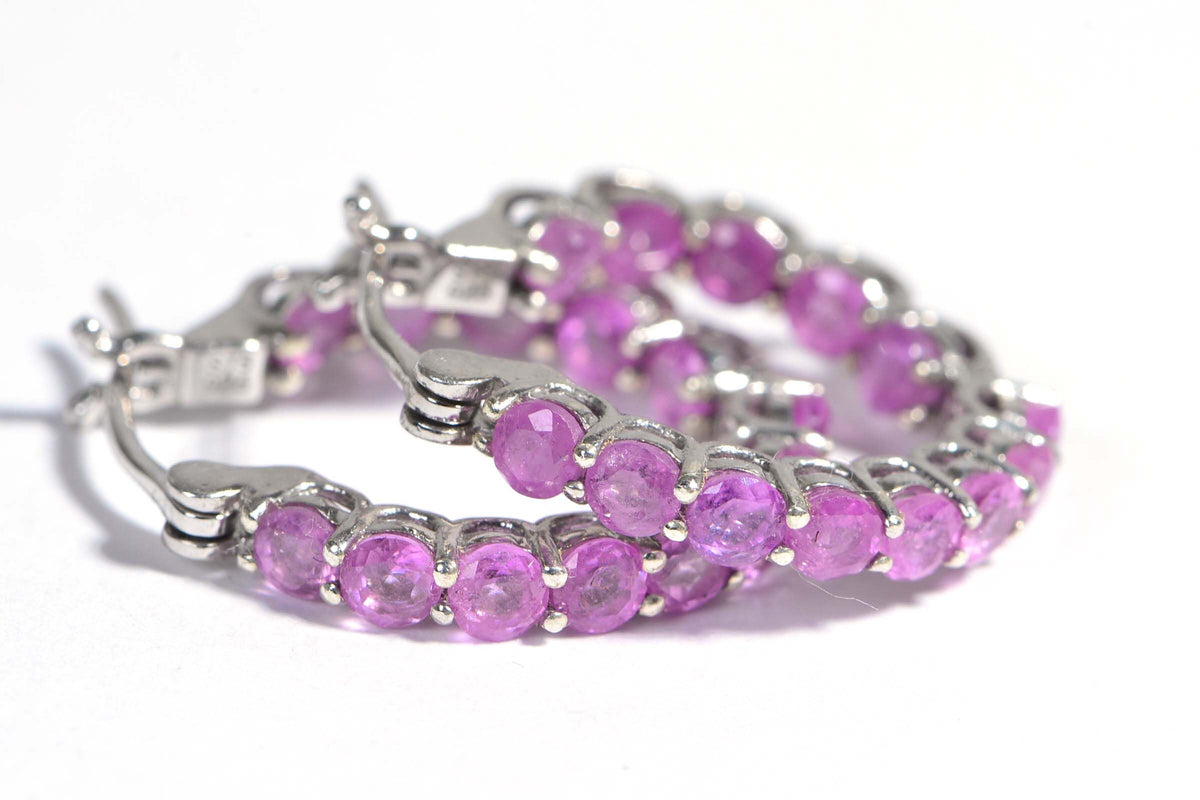 Pink Sapphire Hoop Earrings & Ring Set: Sterling Silver September Birthstone