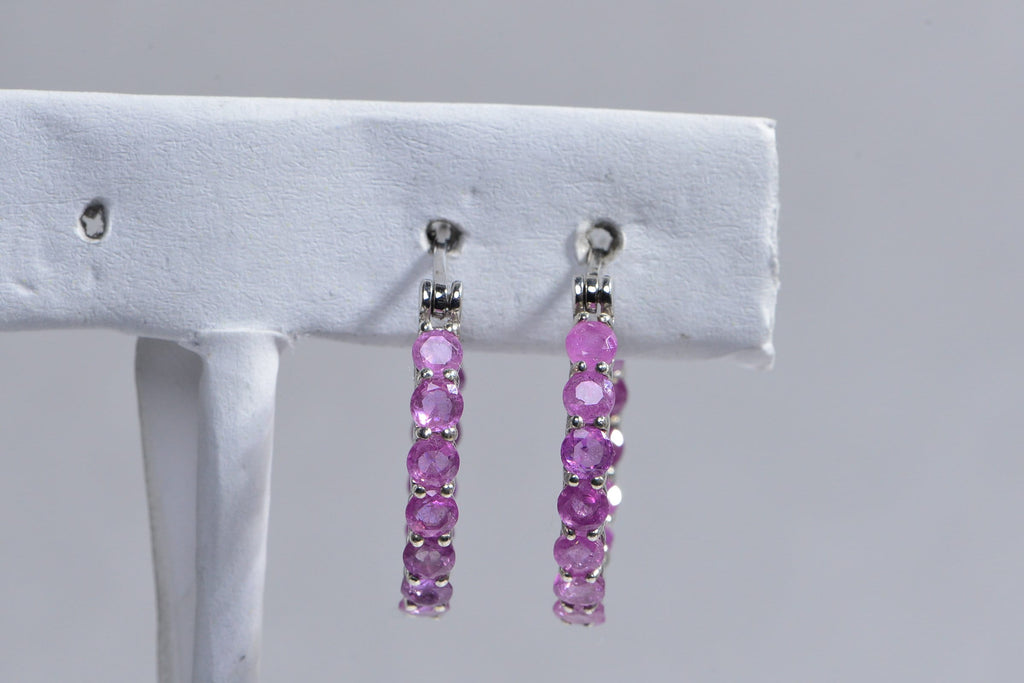Pink Sapphire Hoop Earrings & Ring Set: Sterling Silver September Birthstone