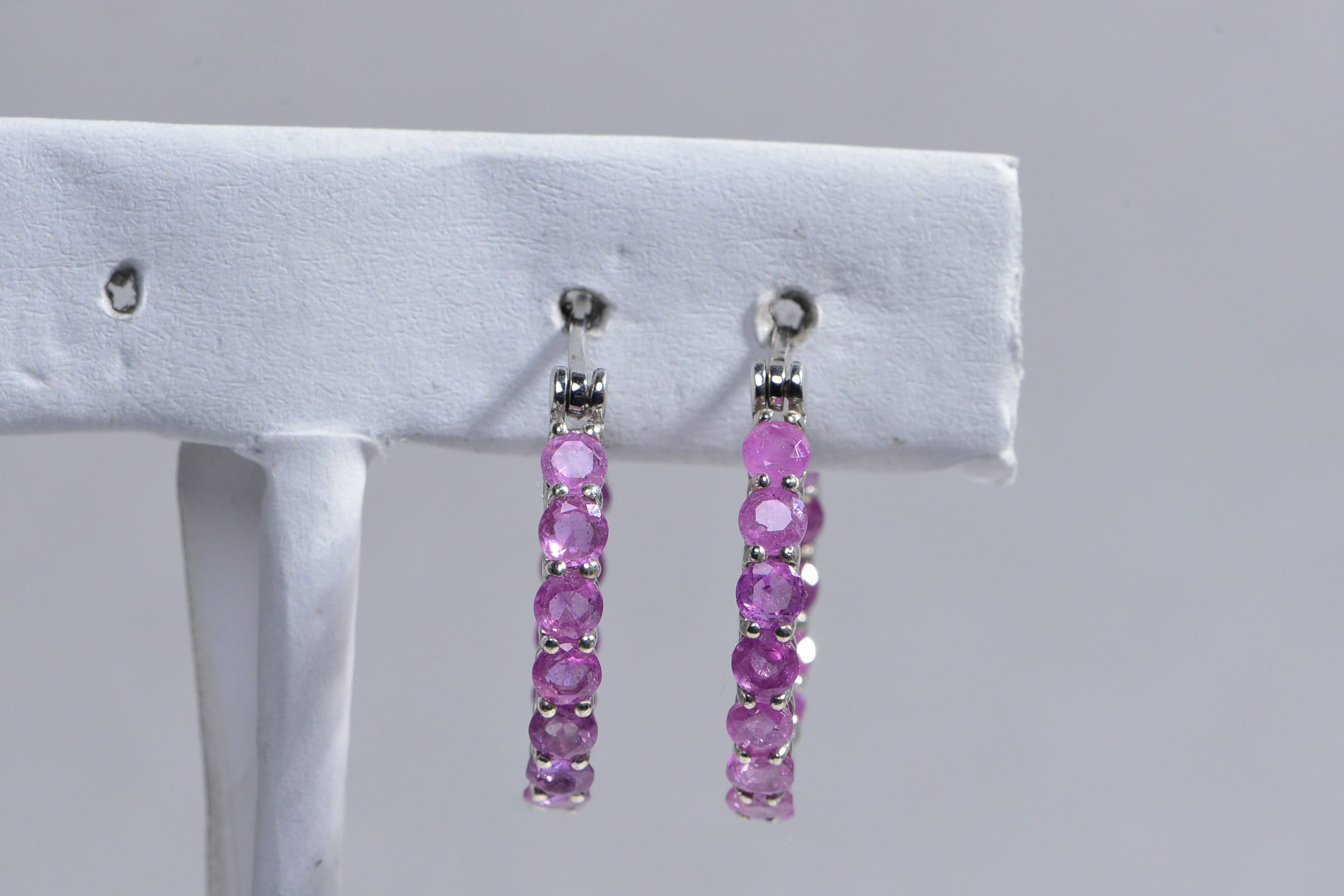 Pink Sapphire Hoop Earrings & Ring Set: Sterling Silver September Birthstone