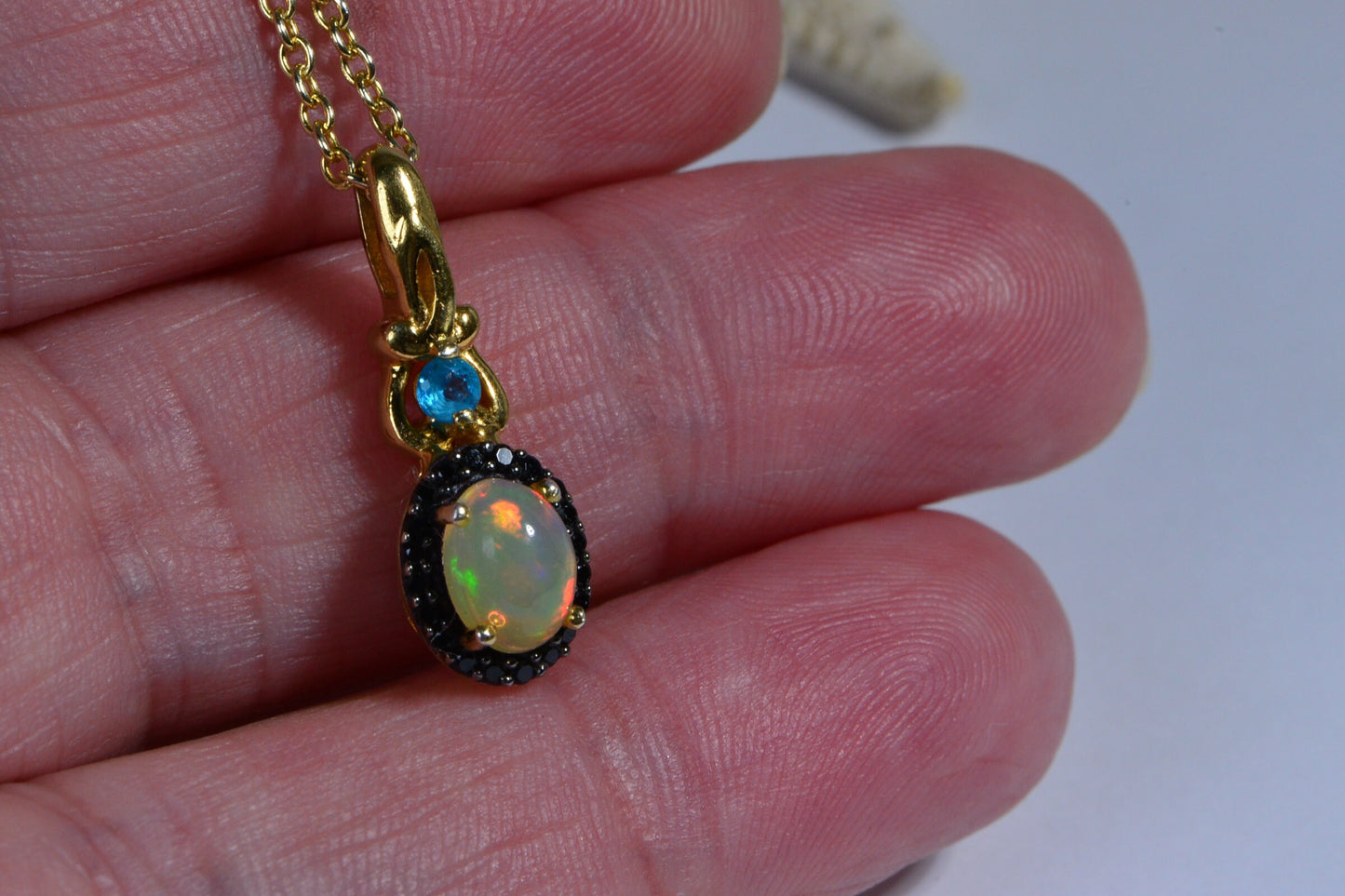 Ethiopian Welo Opal Pendant Necklace, Black Spinel, 14K Yellow Gold Over Sterling Silver
