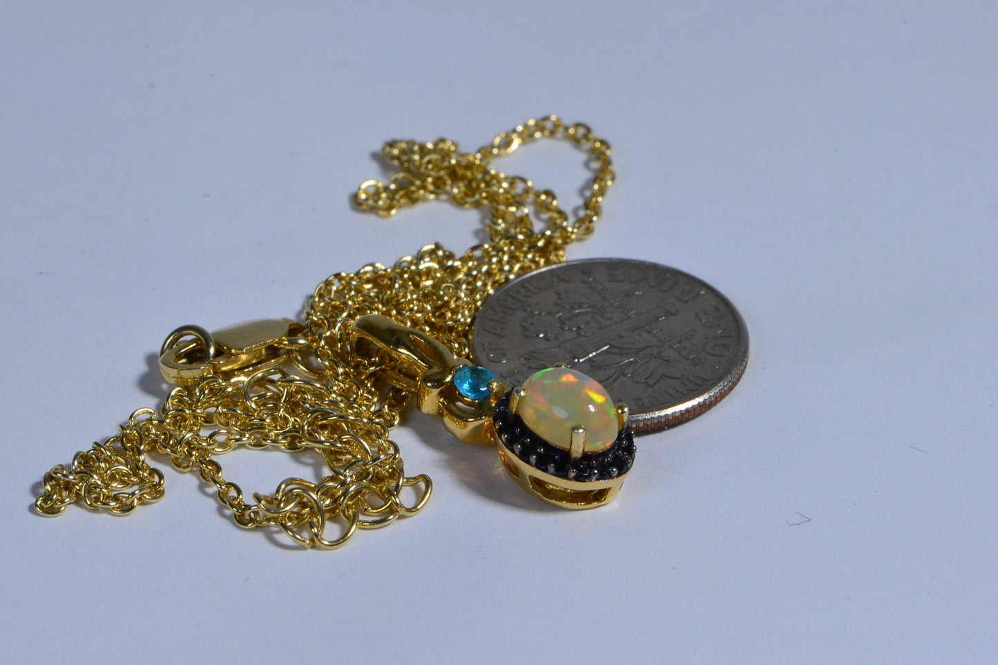 Ethiopian Welo Opal Pendant Necklace, Black Spinel, 14K Yellow Gold Over Sterling Silver