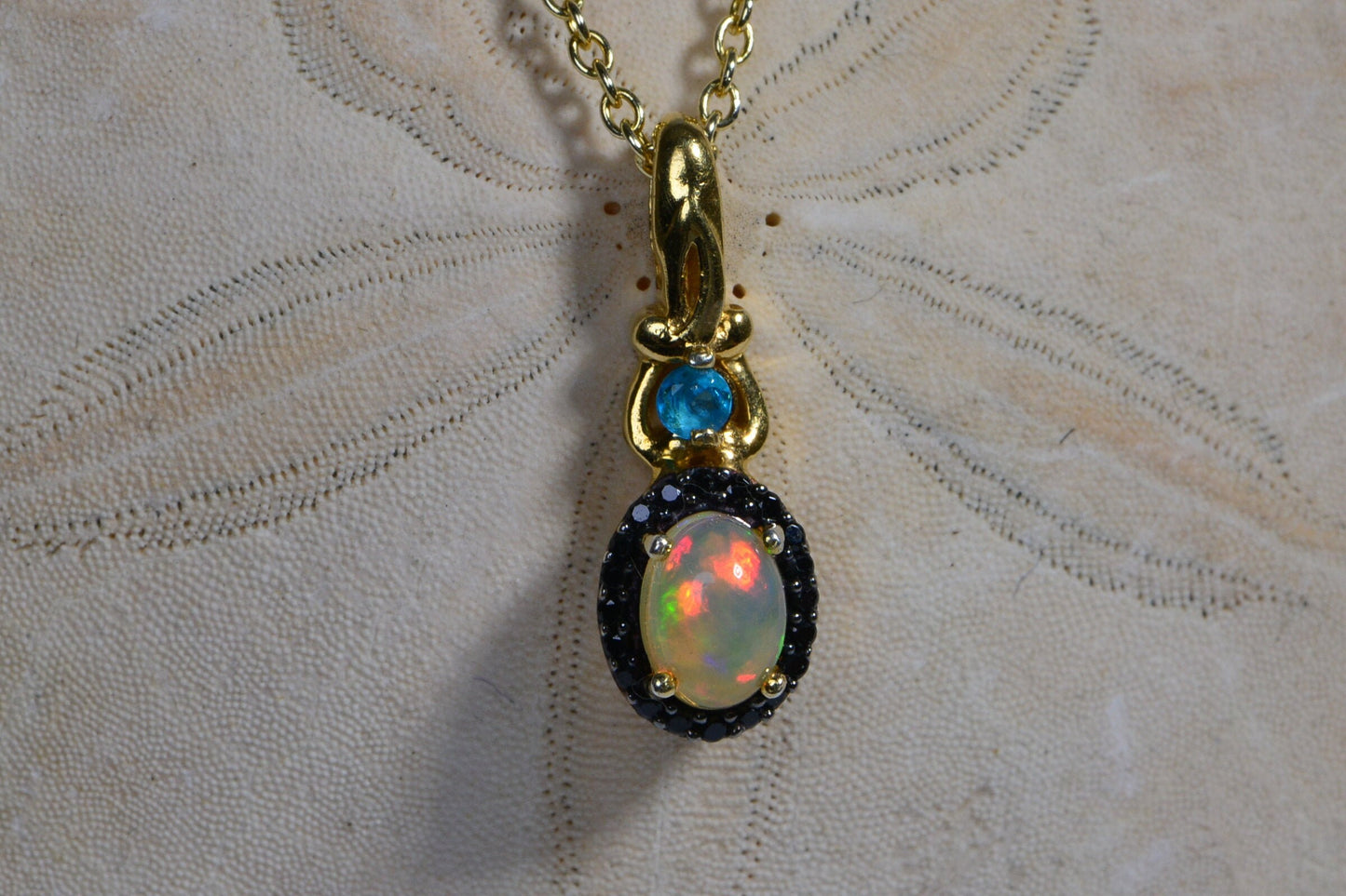 Ethiopian Welo Opal Pendant Necklace, Black Spinel, 14K Yellow Gold Over Sterling Silver