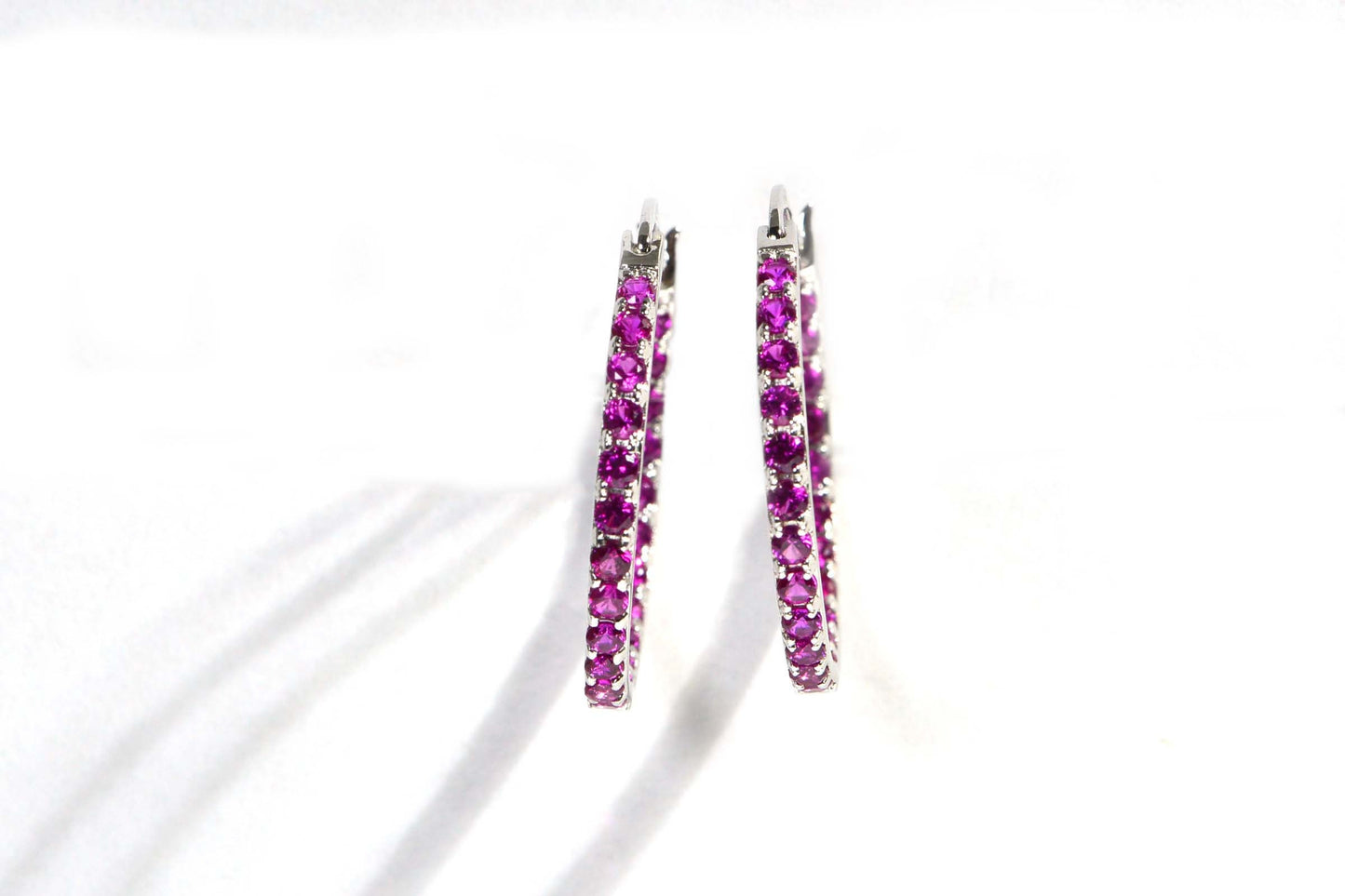 Sterling Silver Hoop Earrings with Hot Pink Simulated Rubies