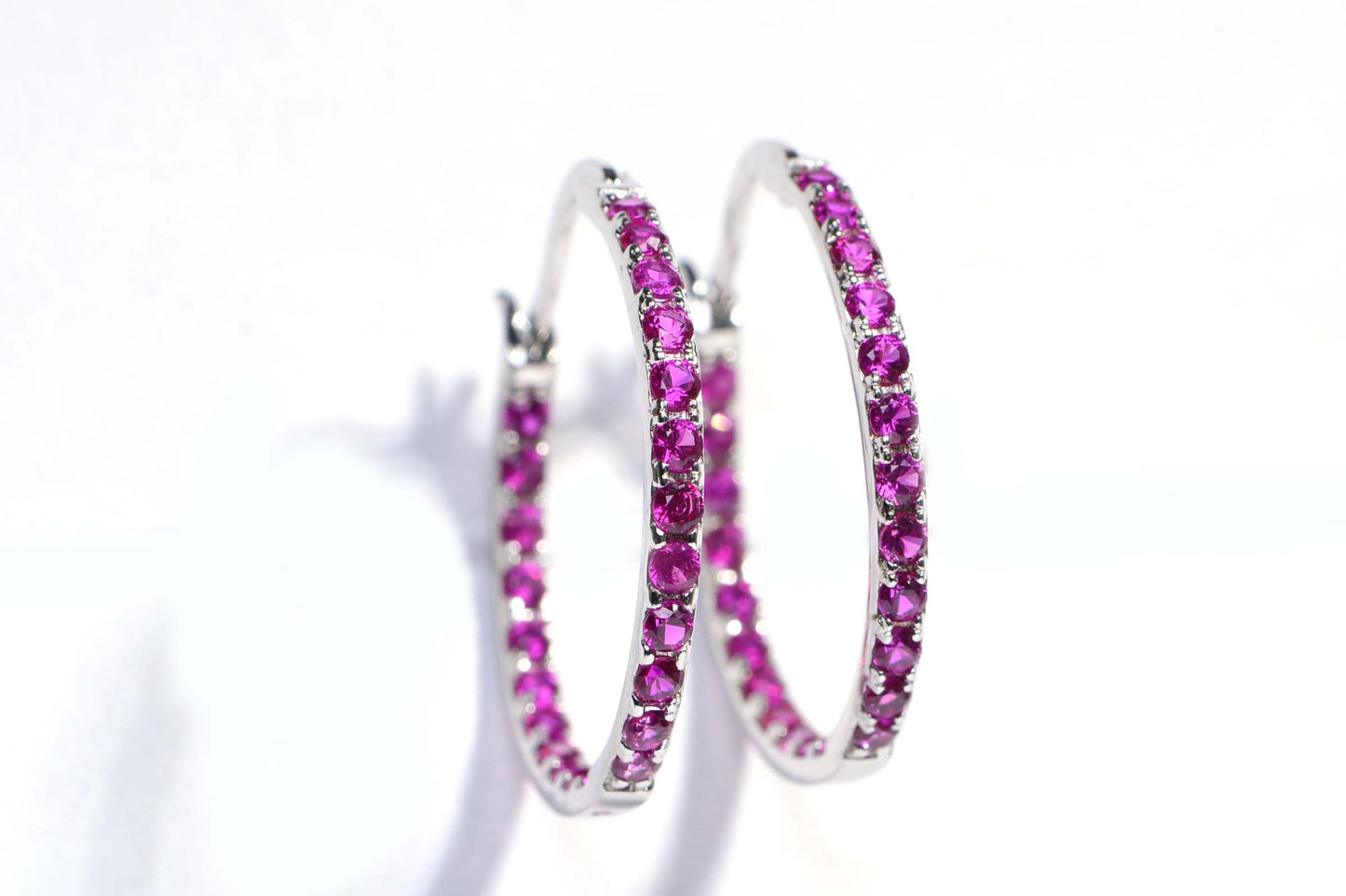 Sterling Silver Hoop Earrings with Hot Pink Simulated Rubies