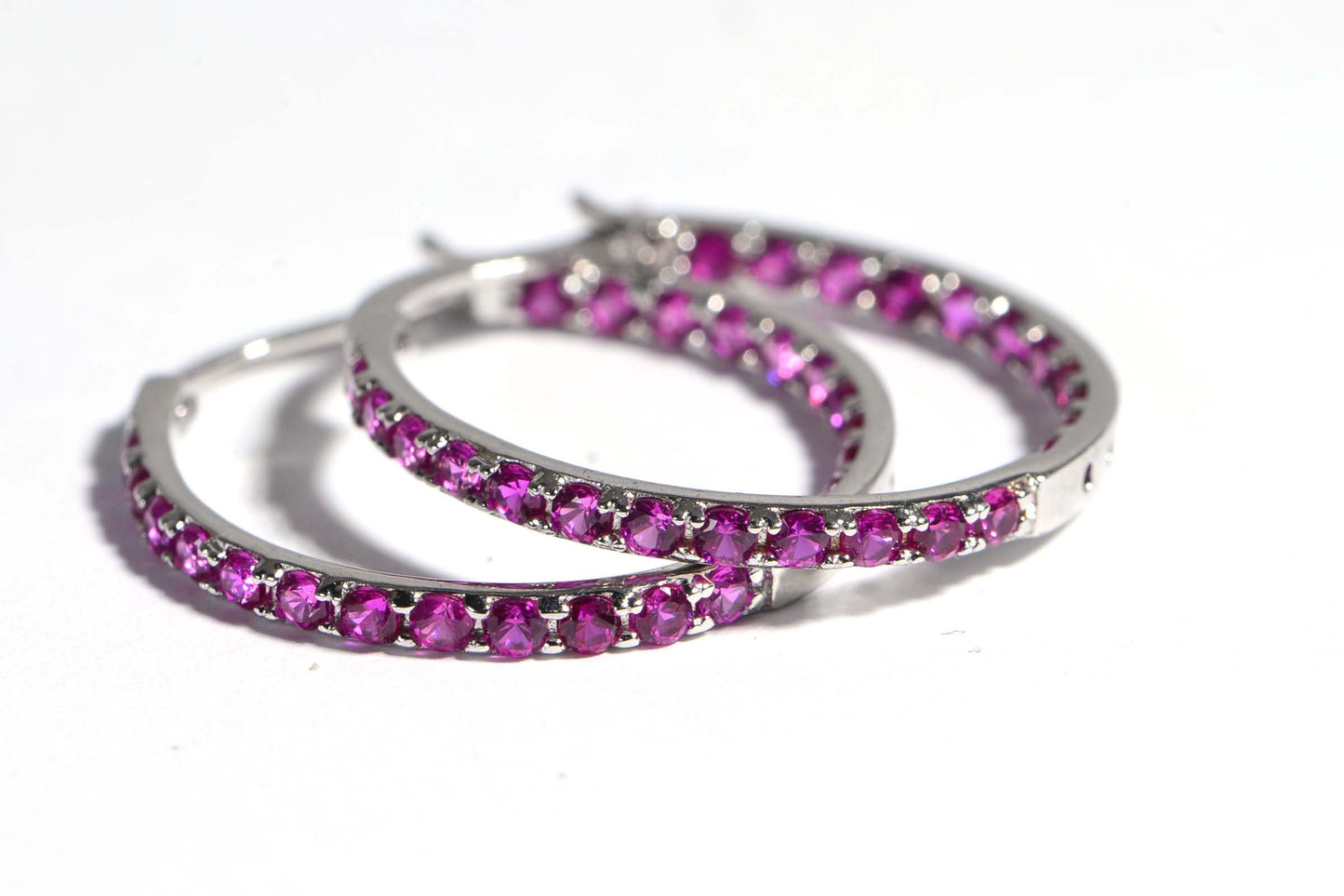 Sterling Silver Hoop Earrings with Hot Pink Simulated Rubies