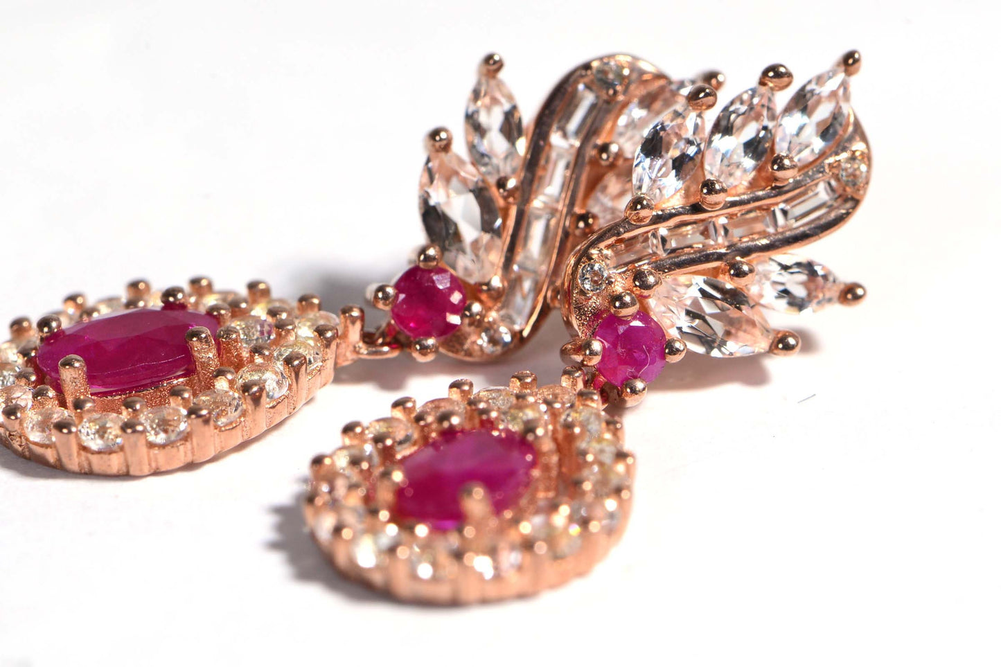 Ruby Zircon Earrings, Rose Gold Over Sterling Silver Leaf Design